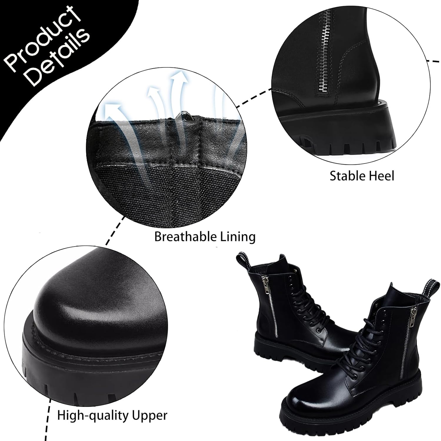 Men's Black Leather Platform Combat Boots with Side Zipper Classic Lace Up Non-slip Lug Sole Chunky Heel Motorcycle Booties Punk Biker Chukka Boots