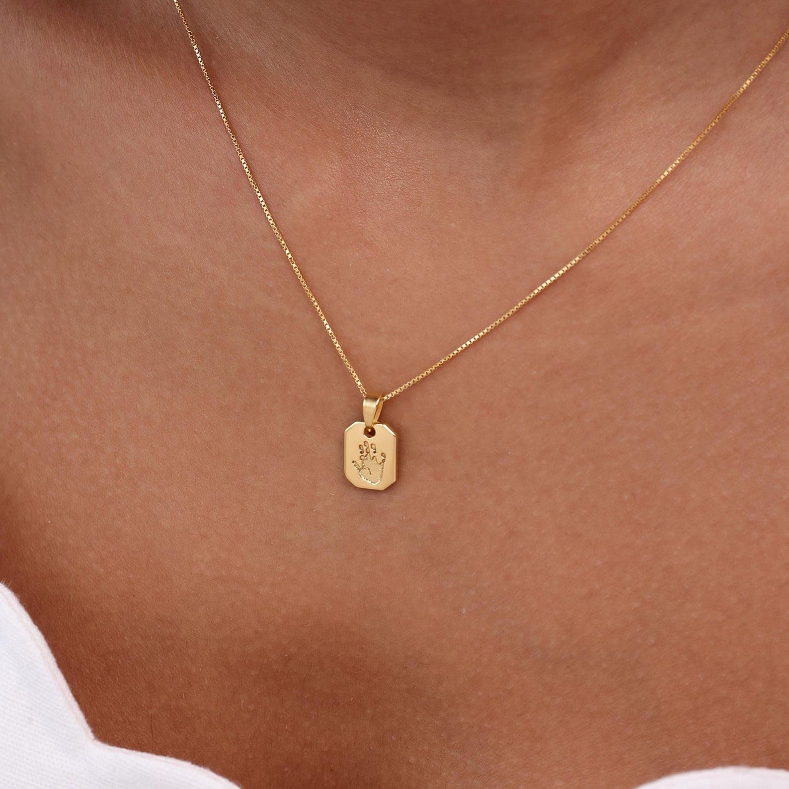 bebé huella de la mano huella del pie Collar plata de ley 925 Mini placa colgante Día de la Madre hechos a mano