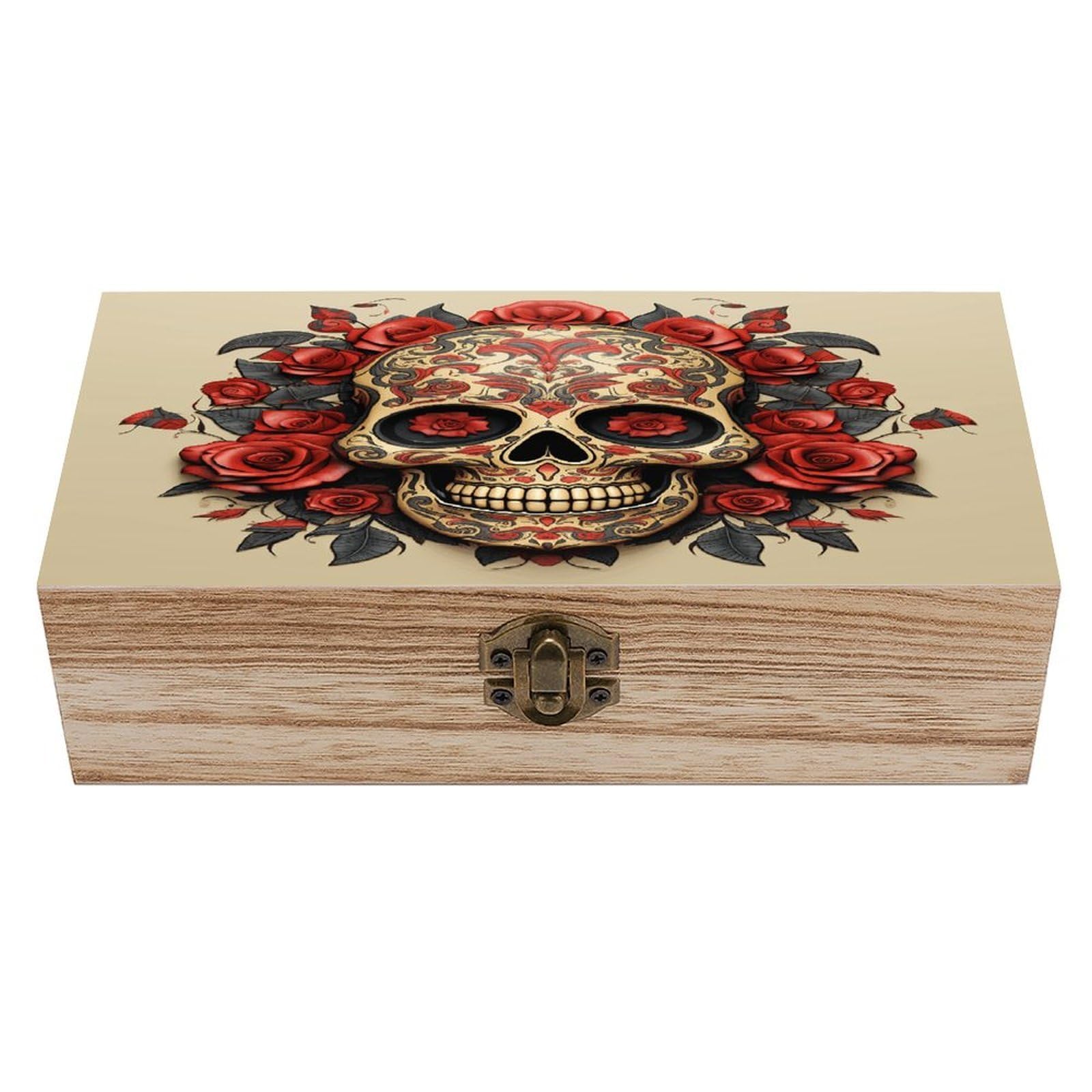 VstaDank Red Rose Sugar Skull Wooden Storage Box Wooden Keepsake Box with Hinged Lid Exquisite Solid Wood Decorative Jewelry Case Memory Box for Jewelry Photos Letters Crafts Trinkets