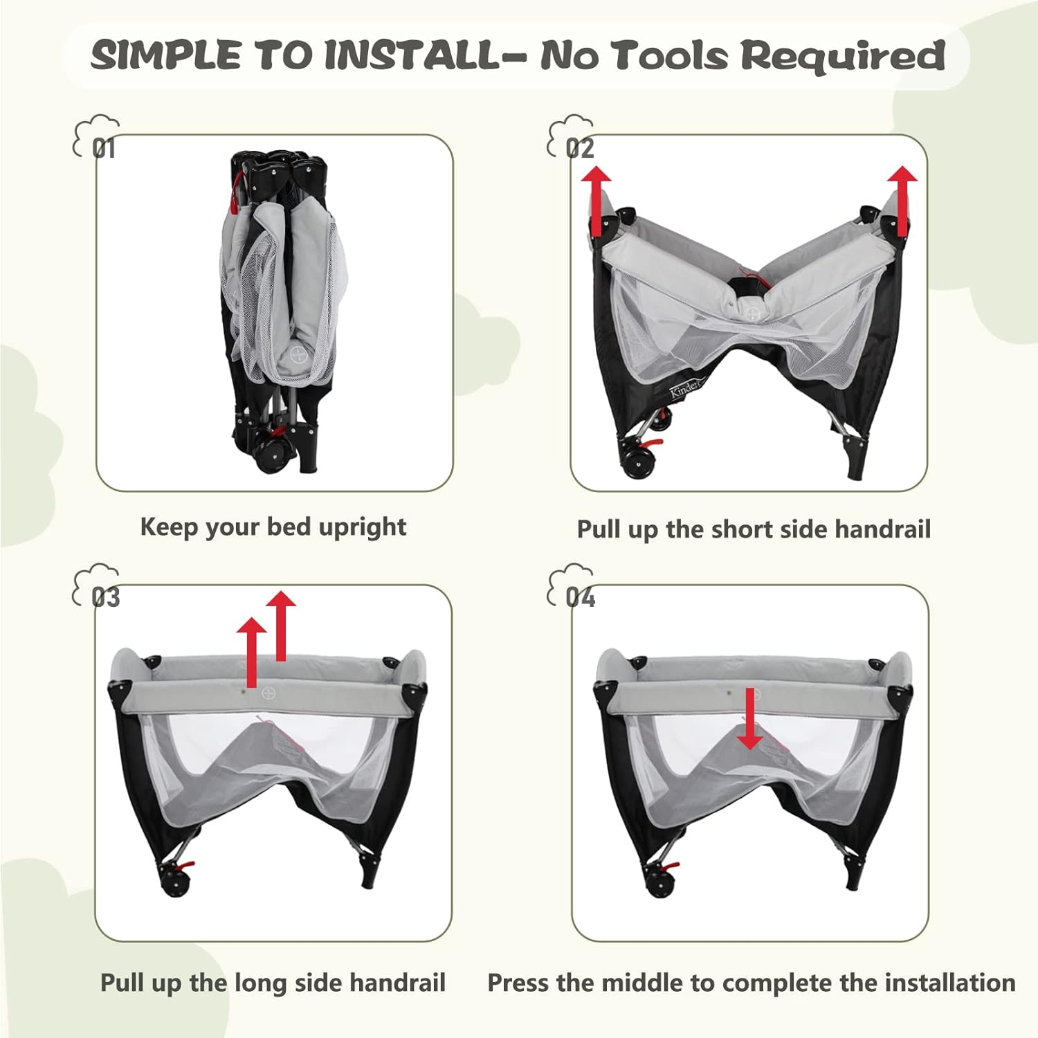 Four-step visual guide showing how to unfold the playard: 1. Keep bed upright. 2. Pull up short side handrail. 3. Pull up long side handrail. 4. Press the middle to complete installation.