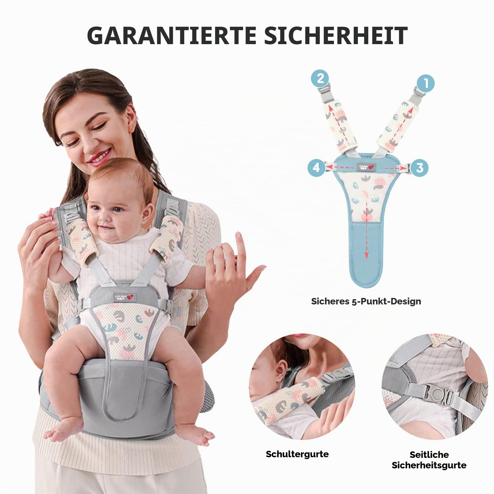 SONARIN Einfache Babytrage Hüftsitz,Multifunktionale Atmungsaktive Babytragetasche Baby Hüftsitz Kindertrage Ergonomische Baby Tragesystem Bauchtrage Rückentrage für 0-36 Monate(Grau)