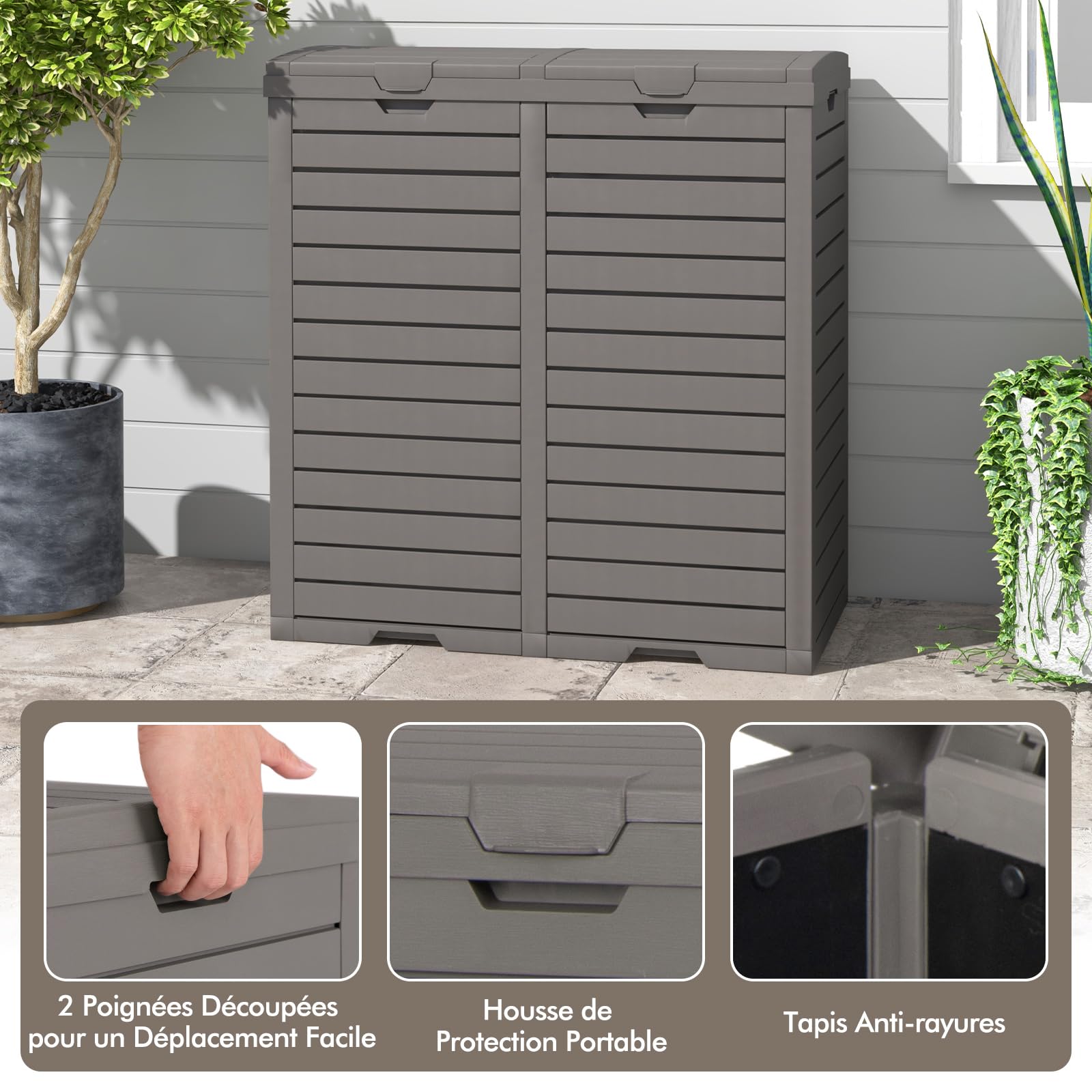 COSTWAY Poubelle Exterieur 235L, Poubelle de Jardin avec Couvercle et 2 Plateaux Extractiblex, Cerclage, Poubelle Tri Selectif 2 x 118L Étanche pour Porche, Arrière-Cour, Terrasse, Patio (Marron)