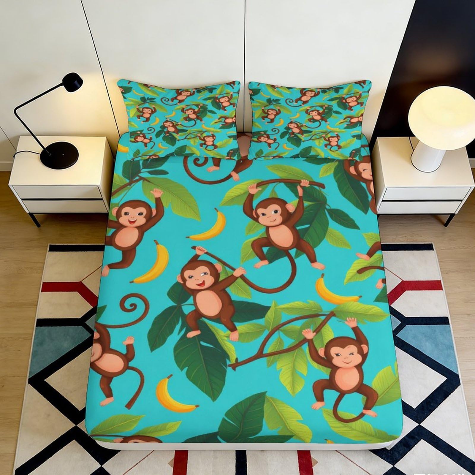 3D Printed Cartoon Monkey Fitted Sheet Microfiber Soft Blue Jungle Banana Mattress Cover Bedroom Decor 90x200x25cm