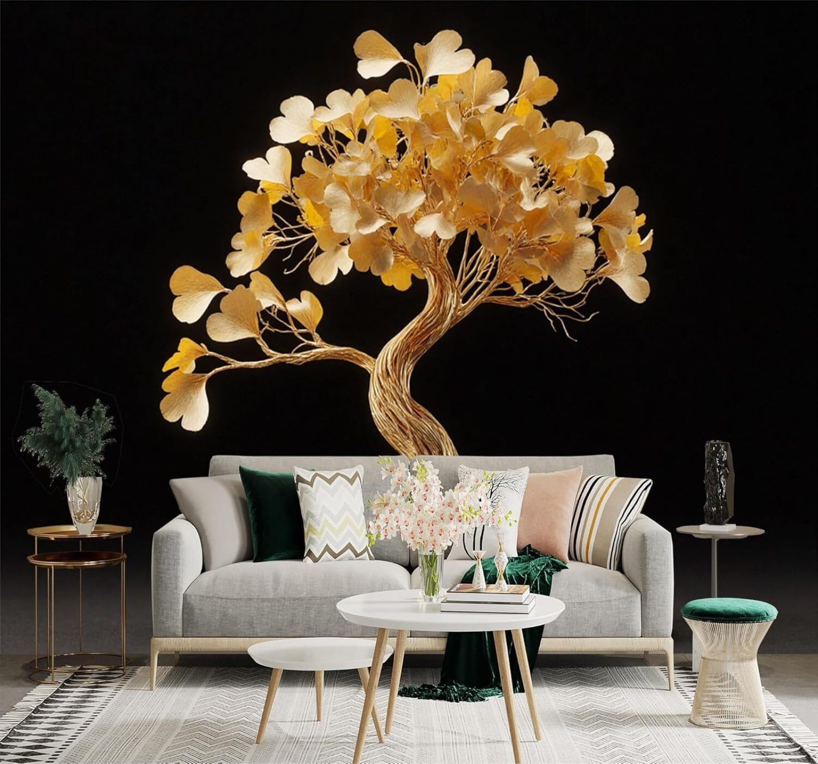 Xlming 400Cm×280Cm(B×H) Three Dimensional Luxury Inspired Golden Bonsai Trees Golden Leaves 3D Wallpaper Silky Texture Home Study Office Grey Dining Room Sofa Bedroom Living Room Tv Backdrop-400Cm×280Cm