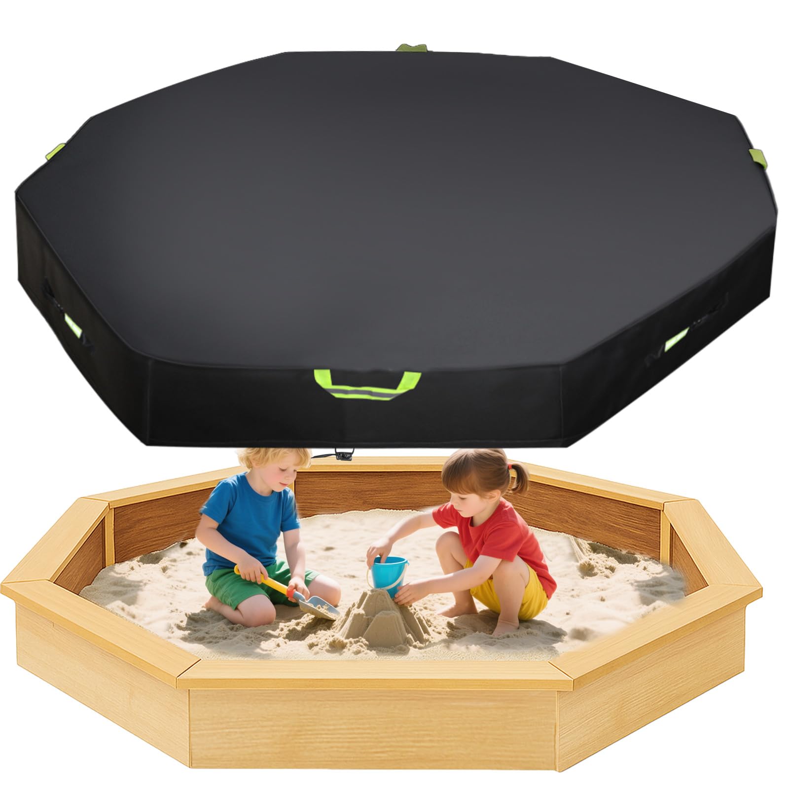 Lyreh Achteckige Abdeckung Sandkasten, 420D Oxford Gewebe Wind- und Staubdicht Wasserdicht Sandkasten Schutz Deckel Außenbereich zum Schutz von Sand Spielzeug Kinder, 214x198x23cm