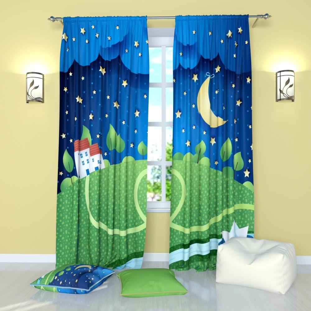 Factory4me Curtains for Kids Room House in Night. Window Curtain Set of 2 Panels Each W52 x L96 Total W104 x L96 inches Drapes for Living Room Bedroom Kitchen