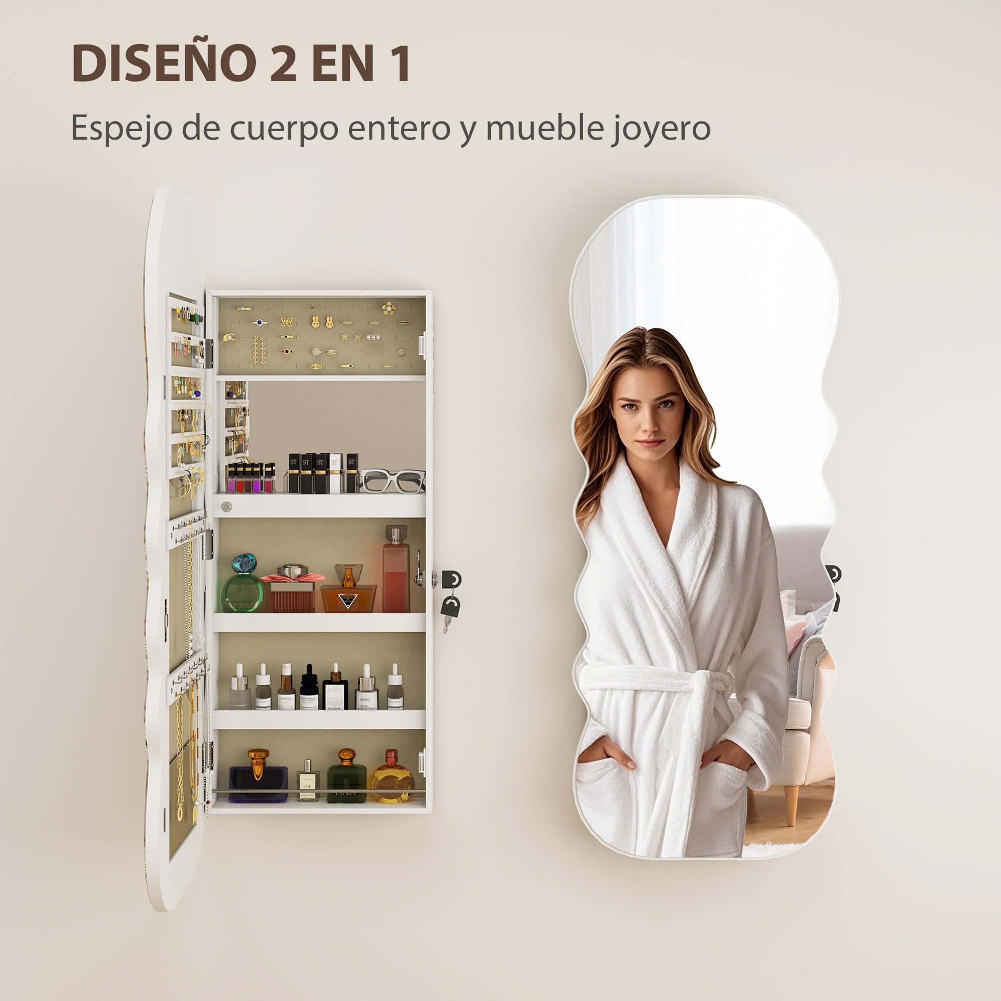 HOMCOM Espejo Joyero con Luz LED 3 Colores, Armario para Joyas Montado en Pared, Espejo Entero, Blanco
