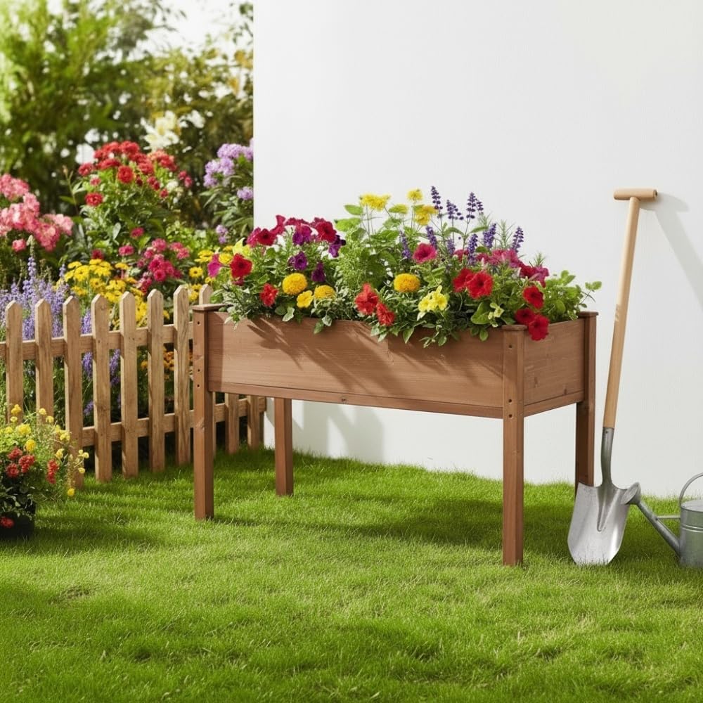 Sturdy Wooden Raised Garden Bed with Support Legs for Outdoor Vegetable, Herb, Flower and Fruit Planting (Planter 48 * 24 * 30'' Brown)
