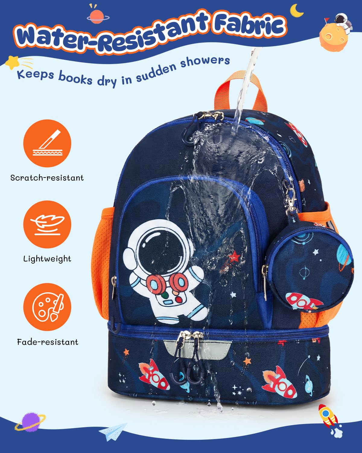 PROTAURI Zainetto Asilo Bambino con Cinturino Toracico, Zaino Bimba Asilo Riflettente con Scomparto Isolato & Portamonete, Zaino Asilo Nido Impermeabile per 2-6 Anni, 11.5L, Astronauta