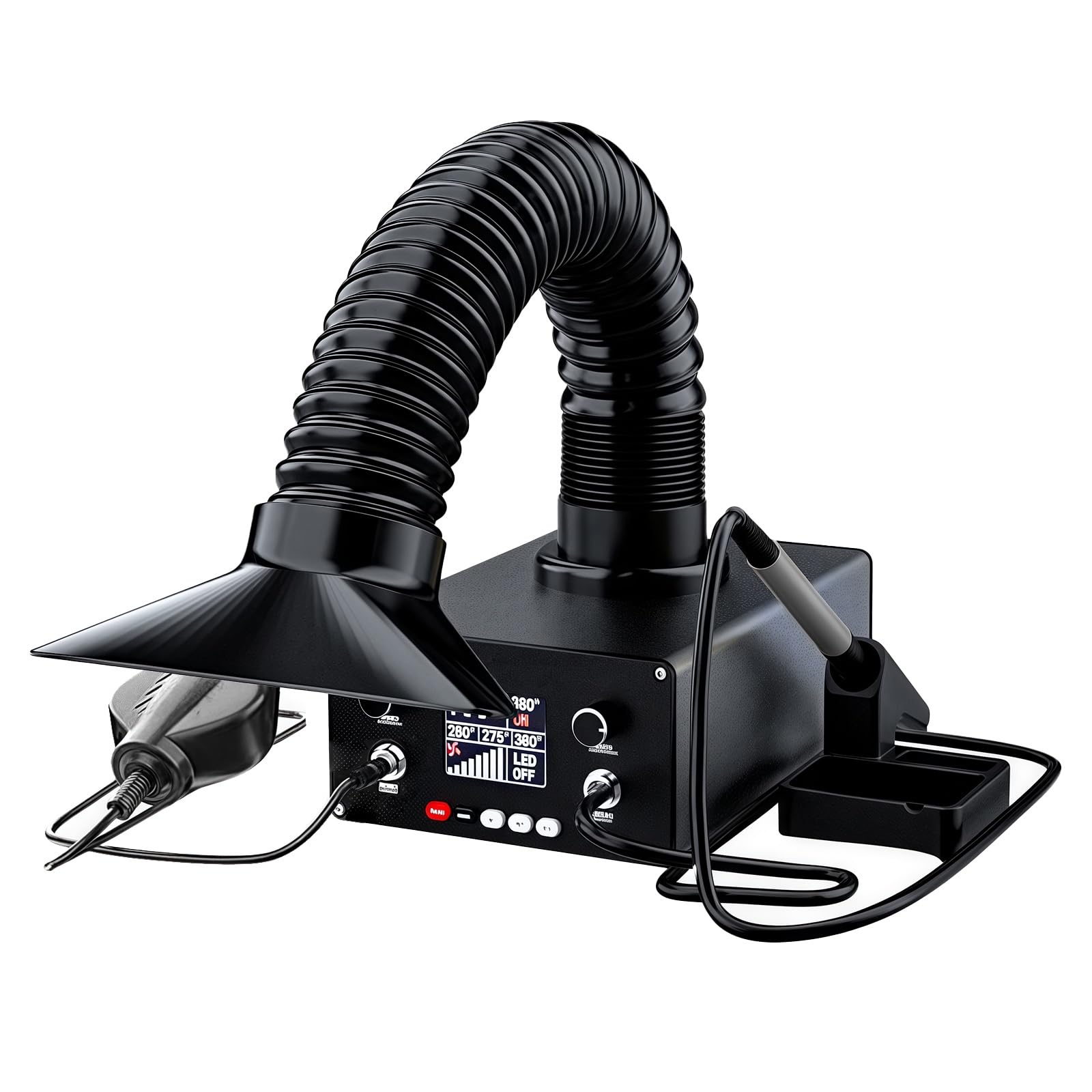 Extractor de humos de soldadura, purificador de humos y absorbente con temperatura ajustable, función de suspensión para grabado y soldadura, incluye estación de soldador y soplador de aire caliente