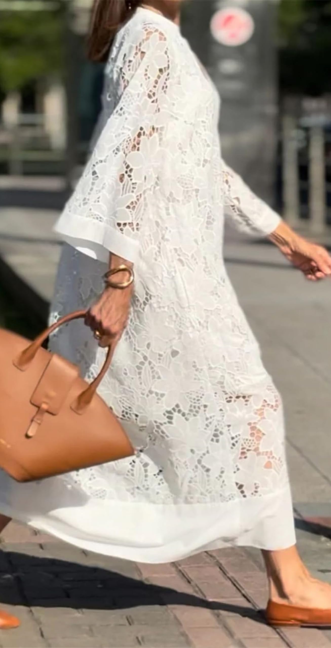 Abito da donna elegante in pizzo bianco con scollo a V maxi abito a due pezzi casual sciolto boho scava fuori all'uncinetto con abito sottoveste in raso