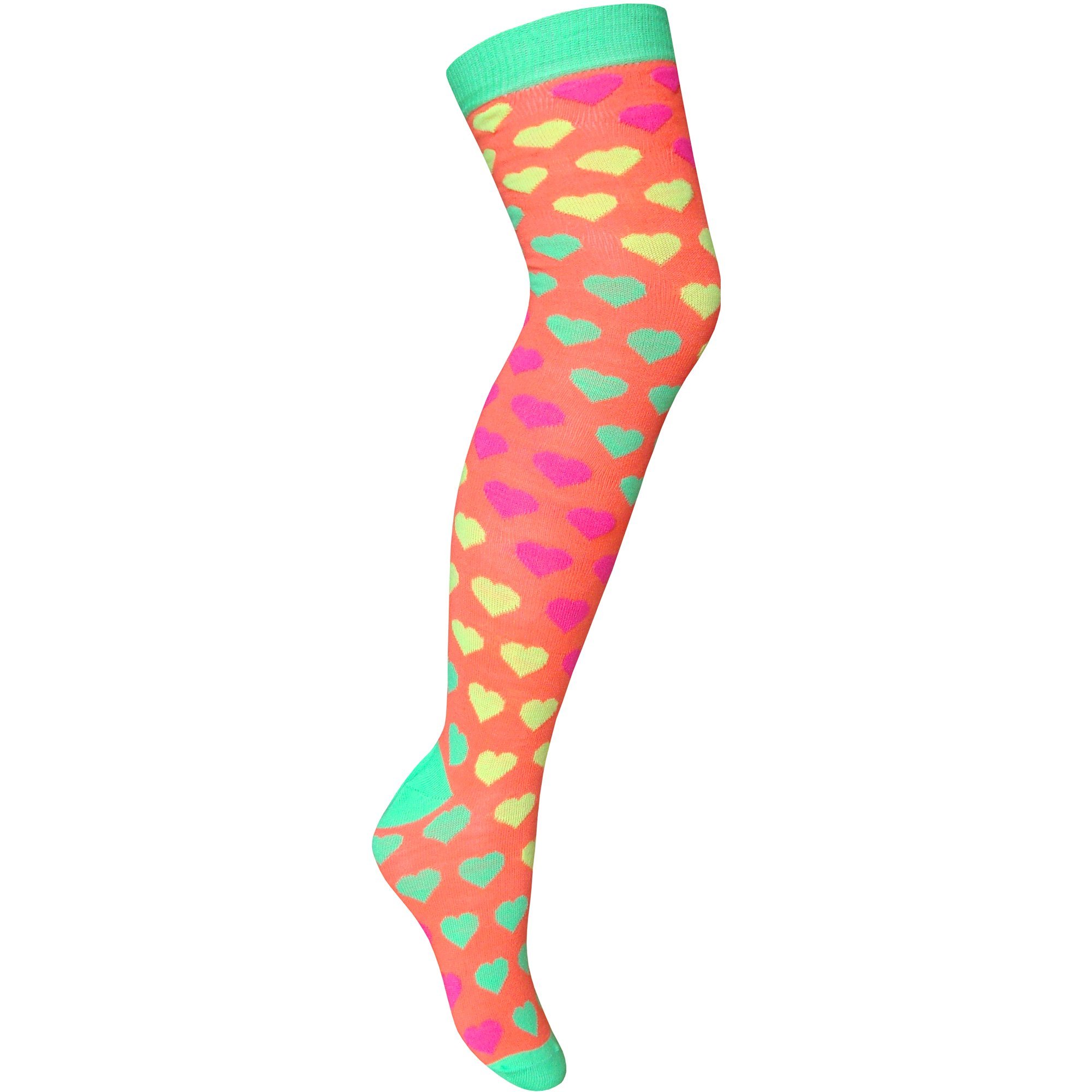 TeddyT's Girl's Neon Fluorescent Hearts Pattern Long Length Over Knee Socks (Neon Orange)