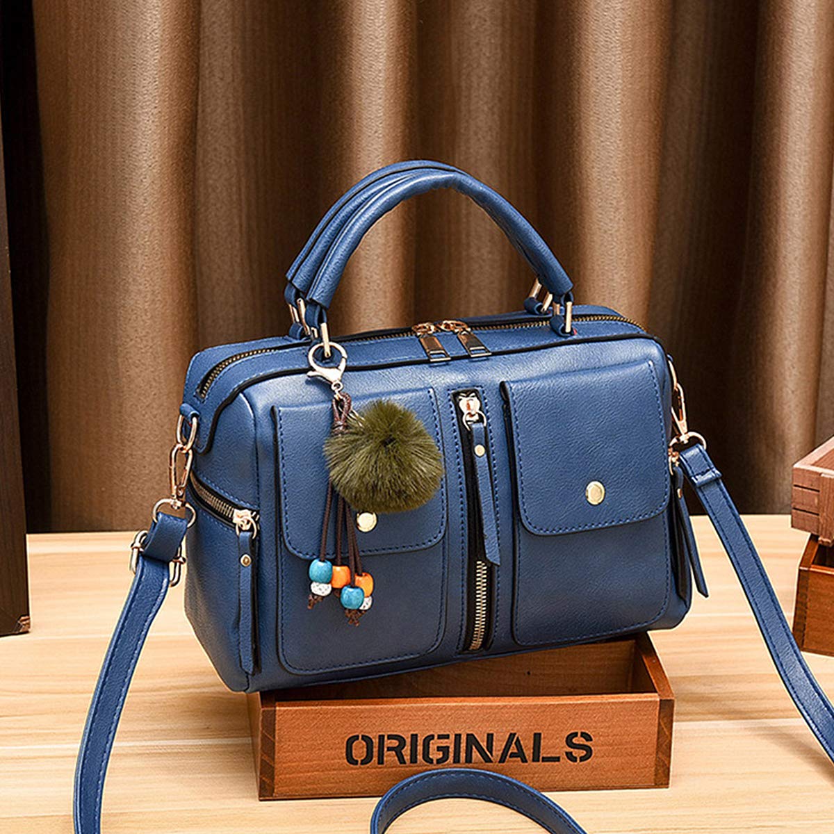 NICOLE & DORIS Bolsos de Mujer Bolso Pompón Estilo Bolso de Hombro con Cremallera Bolsillos Bandolera para Mujer Bolso Cuadrado Pequeño de Cuero PU Trabajo Diario Elegante Moda