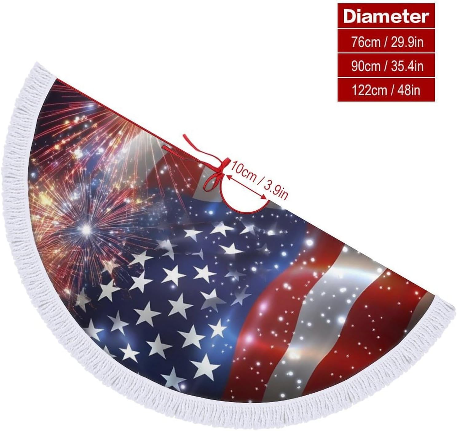 USA Flag Celebration Fireworks Christmas Tree Skirt Round Xmas Tree Mat Ornaments Tree Skirts with Tassels for Holiday Party
