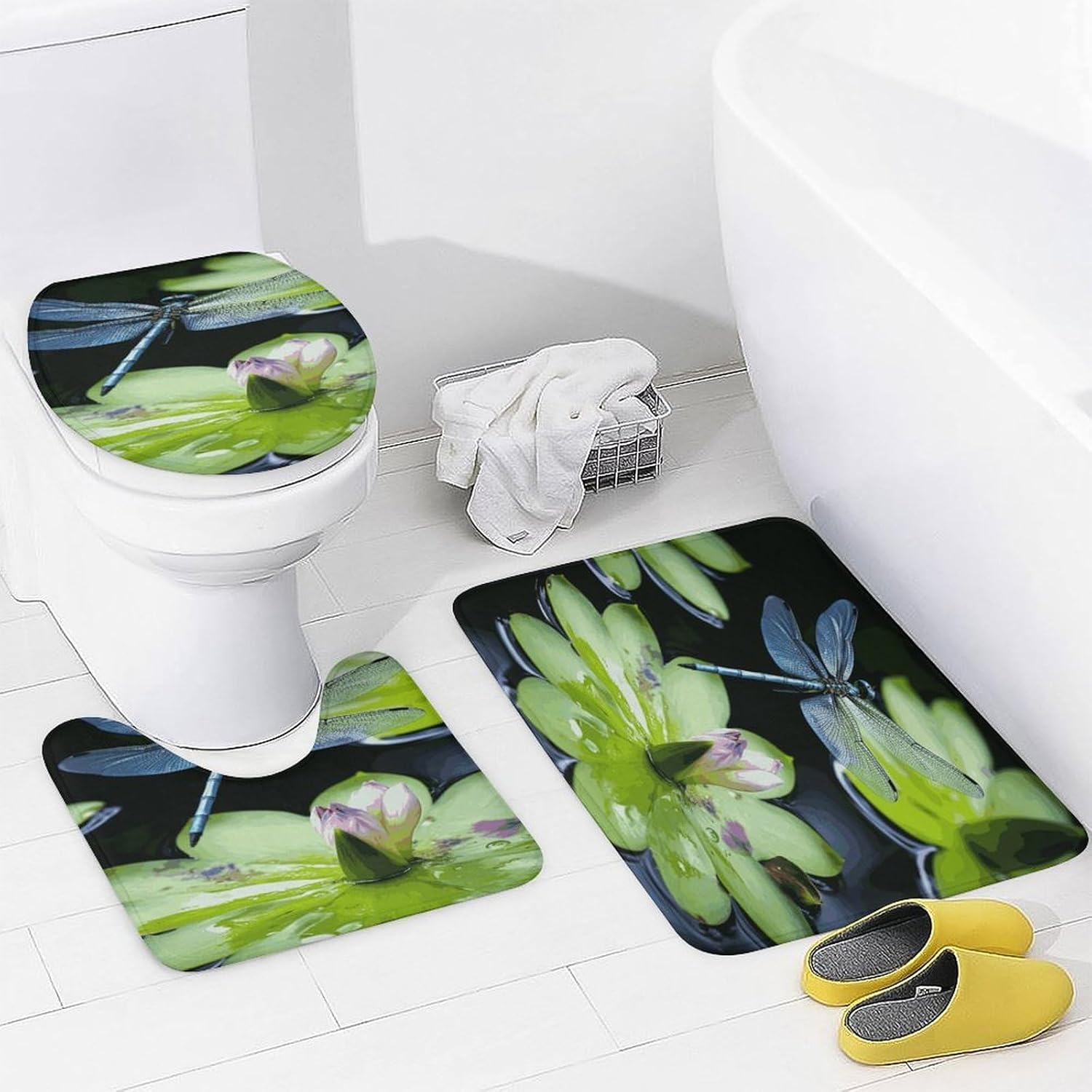Dragonfly Flies Over 4Pcs Shower Curtain Set with Non-Slip Rugs, Toilet Lid Cover and Bath Mat,Bathroom Set Decor Accessories,Curtain Set with 12 Hooks, 72 X 72 Inch