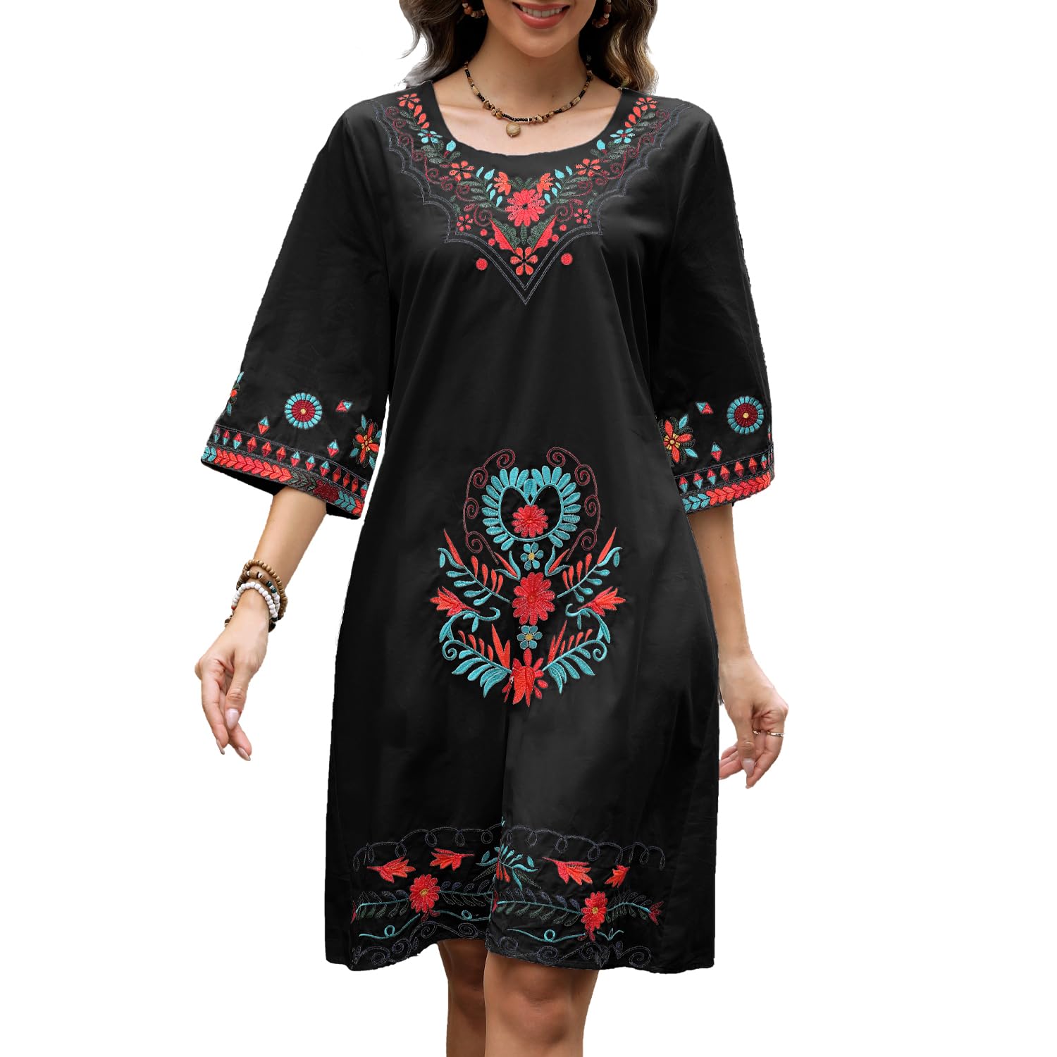 Seasonal Damen Bohemian 3/4 Ärmel Kleid Folklore Floral Stickerei Rundhalsausschnitt Kleider Vintage Lose Freizeitkleider Für Frauen