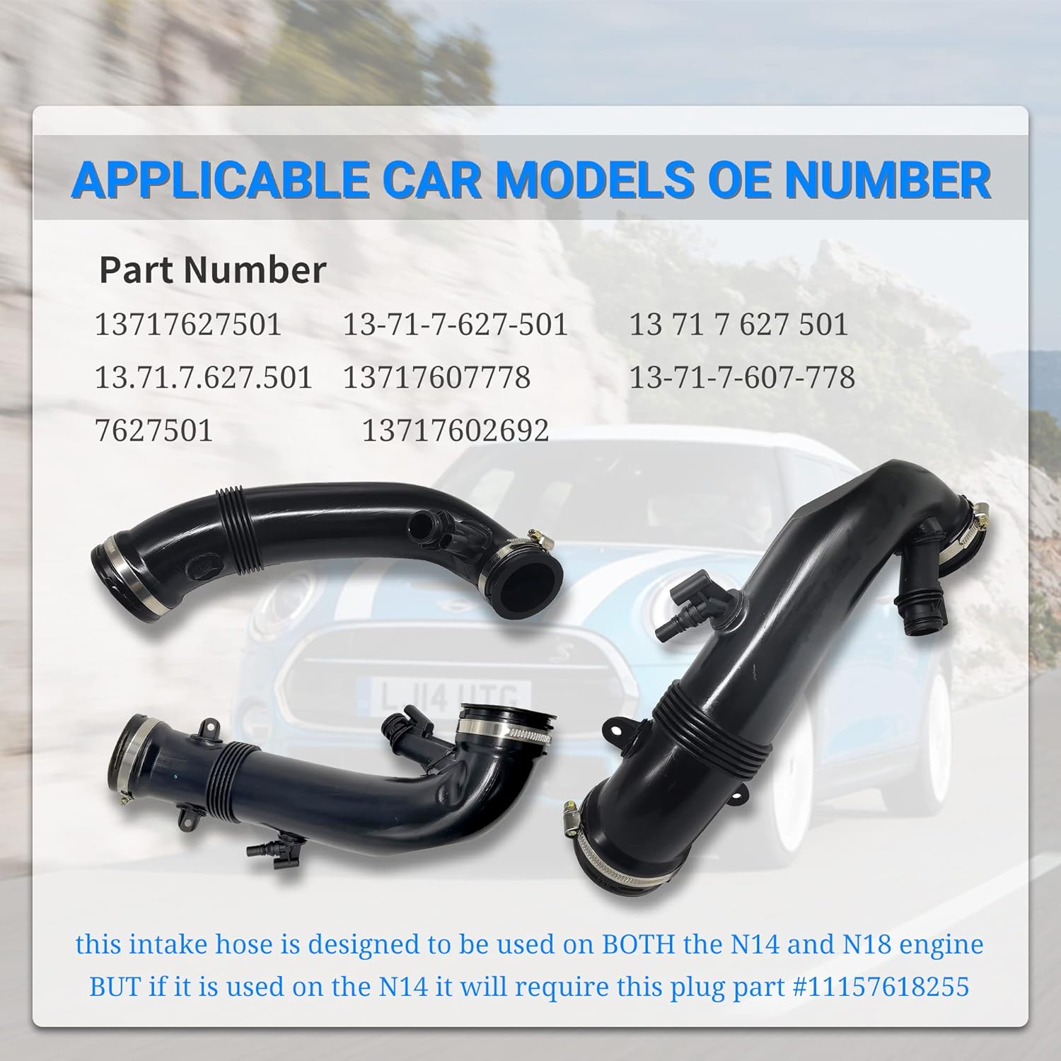 13717627501 Turbo Air Intake Hose Boot for 2010-2015 Mini Cooper Countryman Paceman Clubman S R55 R56 R57 R58 R59 R60 R61 N18 Engine 1.6L 13717607778 13717602692