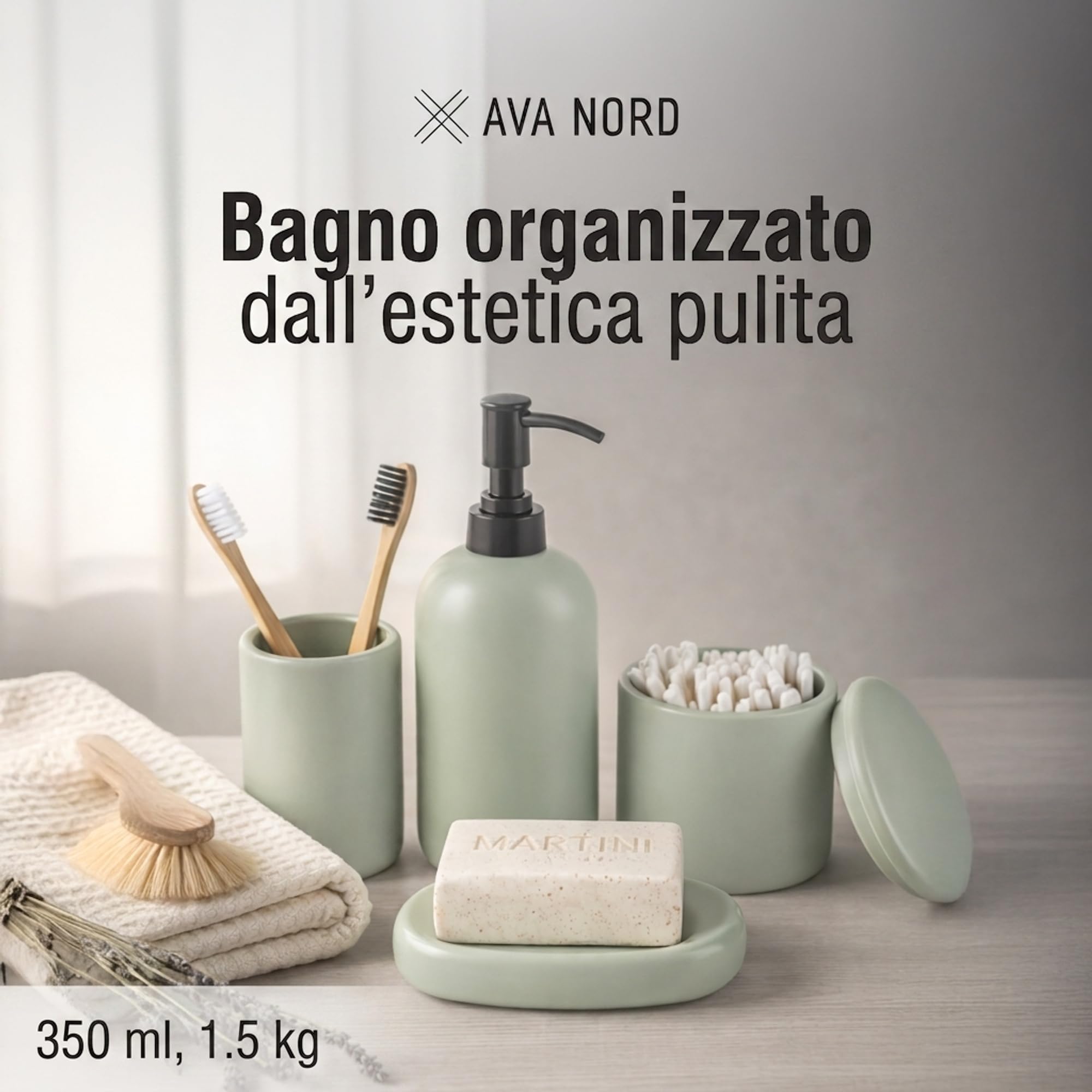 Ava Nord Set di Accessori per il Bagno in Ceramica | 4 Pezzi | Verde | Dispenser di sapone + Portaspazzolino + Porta-sapone + Bicchiere, design scandinavo elegante, resistente ai graffi, durevole