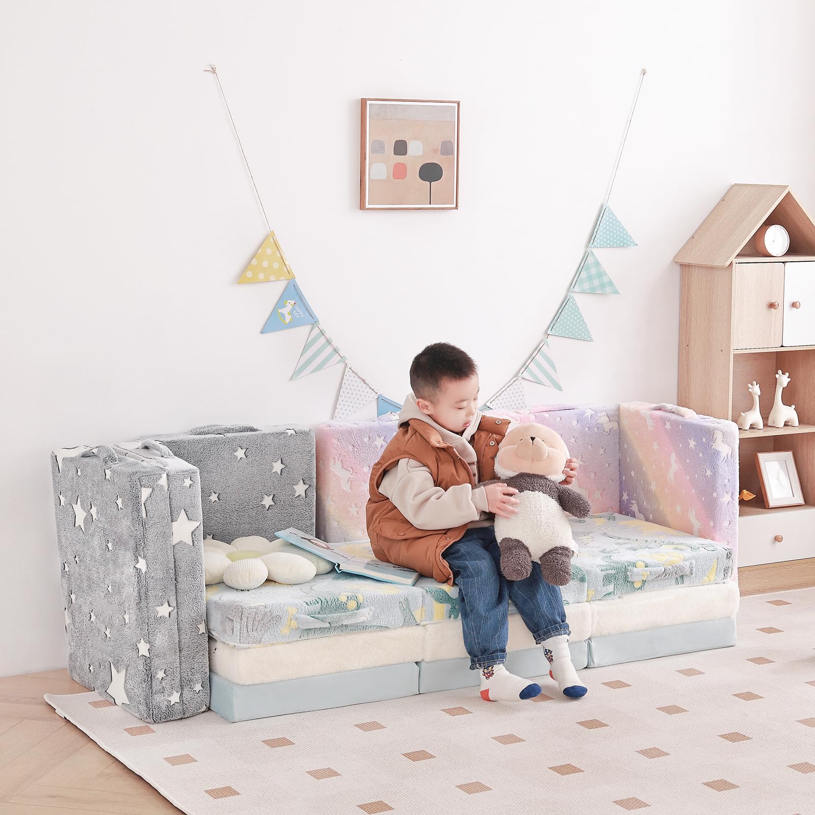 Colchón de piso triple para niños, futón que brilla en la oscuridad con funda extraíble, tapete portátil de espuma para siesta con bolsa de almacenamiento para niñas y niños, dinosaurio azul 2