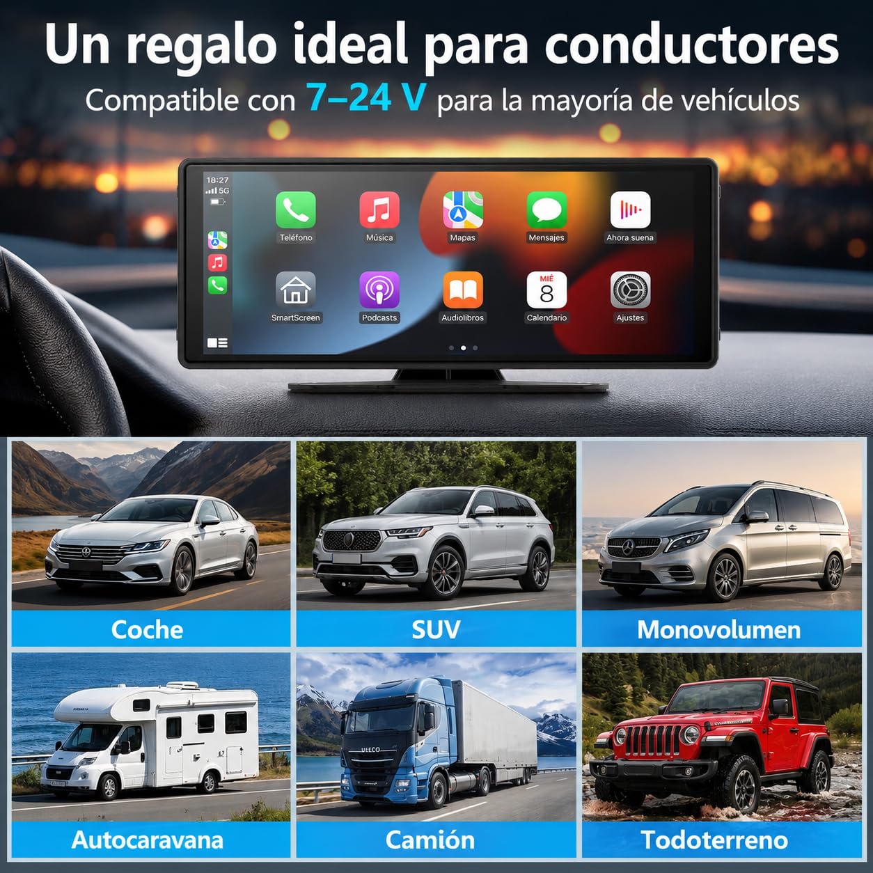 Pantalla CarPlay Coche 10,26", Pantalla Portátil para Coche con CarPlay Inalámbrico y Android Auto, Dash CAM 4K, Admite Cámara Trasera 1080P, IPS Táctil, Mirror Link, BT/FM/AUX, 64GB TF, 12V/24V