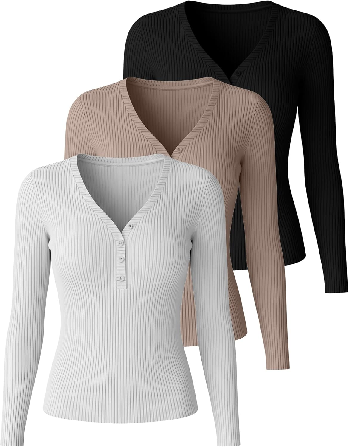 Huukeay 3 Pack Women's Ribbed Henley Long Sleeve Shirts, Button V Neck Tunic Tops Slim Fit Casual Soft Basic Knit Tee Blouse - Image 3