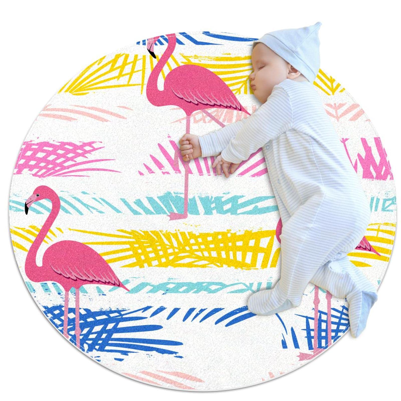 Tapis rond oiseaux flamants roses doux antidérapant 100x100cm de salon et chambre à coucher