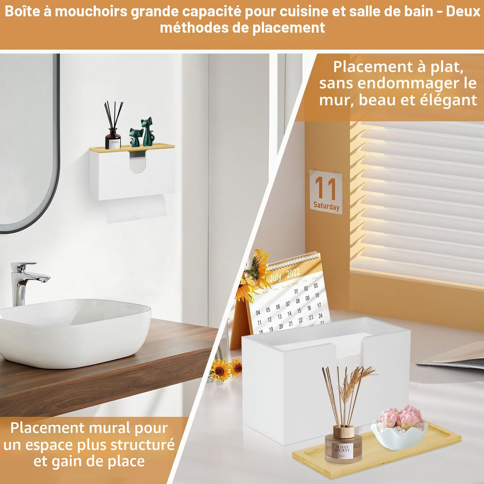 Distributeur de Serviettes en Papier Mural, 27,5 x 16 x 13cm Distributeur Essuie Main Mural en Bambou, Porte Serviette de Table Feuille à Feuille avec Couvercle pour Salon