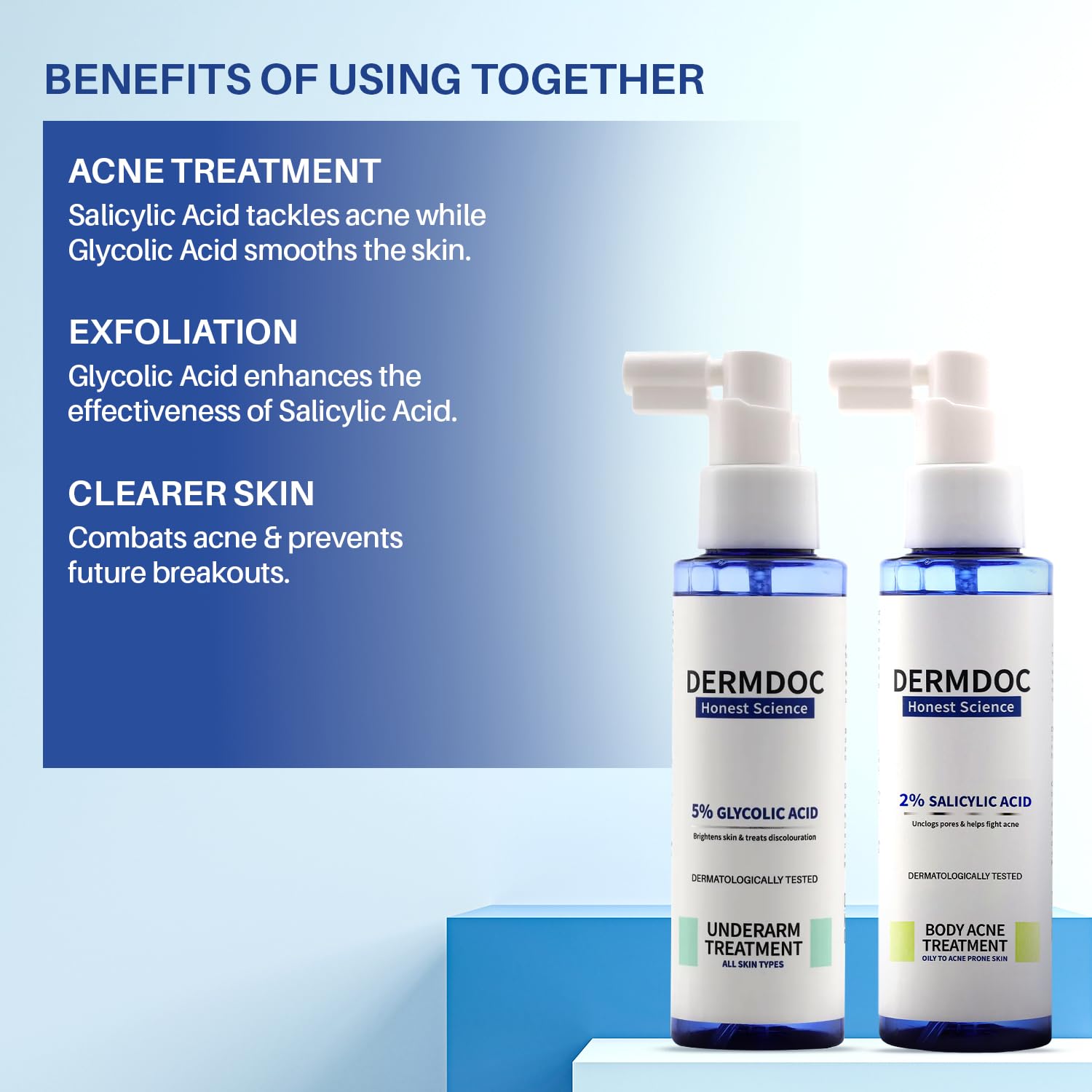 DermDoc Smooth & Clear Skin Body Treatment Combo| 5% Glycolic Acid Underarm Brightening Spray-100 ml & 2% Salicylic Acid Body Acne Treatment Spray-100 ml | With 5% Salicylic Acid Prevents Acne 3