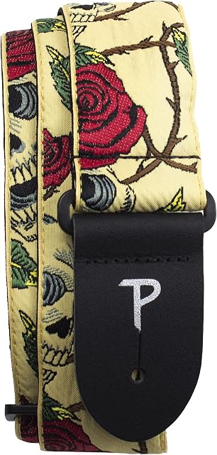 Perris Leathers Ltd. - Guitar Strap - Nylon - Jacquard - Rose & Skull - Beige - Adjustable - For Acoustic/Bass/Electric Guitars - Made in Canada (TWS-6538)