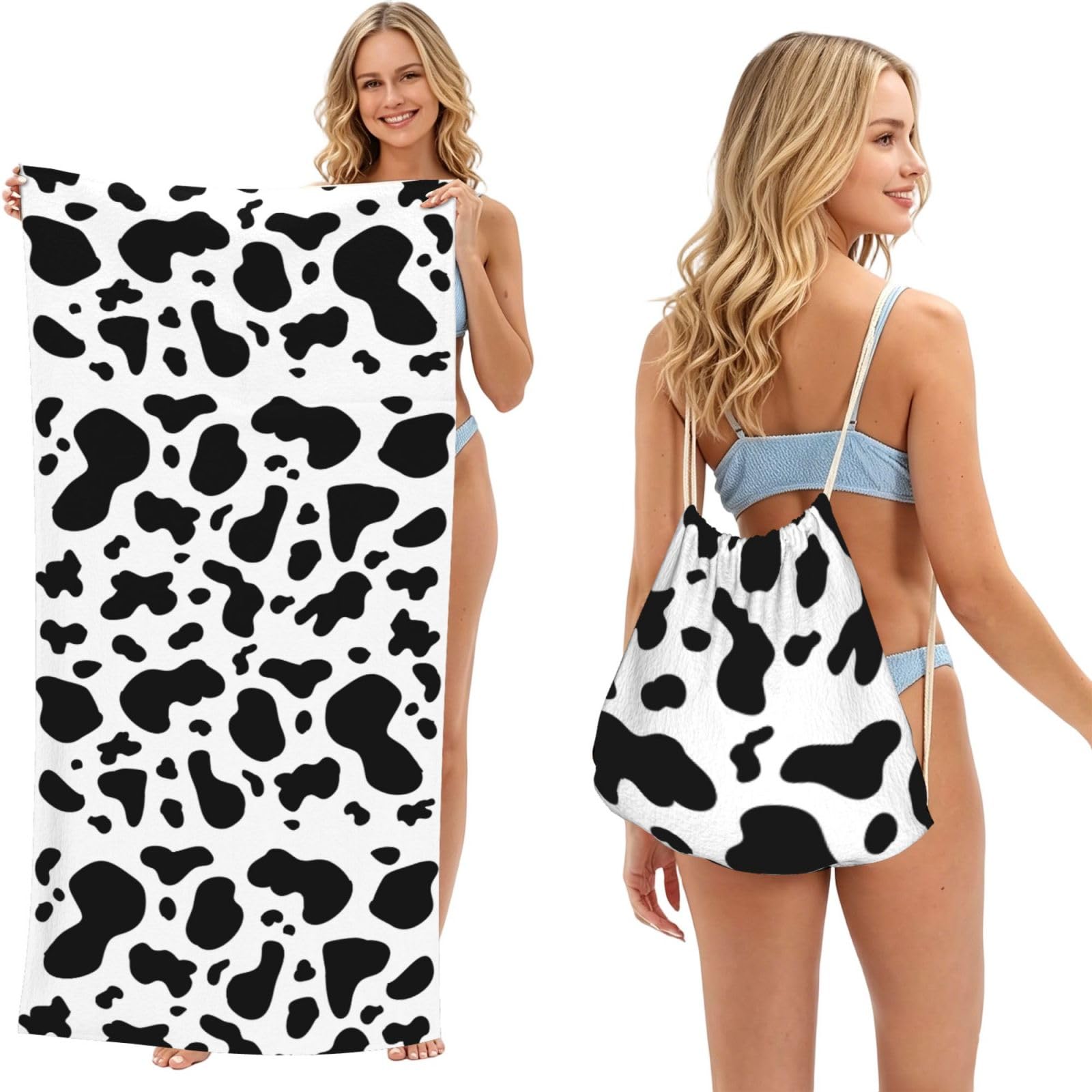 Poadnly As Picture Cow Spots, 2 In 1 Packable Towel Bag, Beach Towels With Drawstring Backpack For Travel Holiday Camping