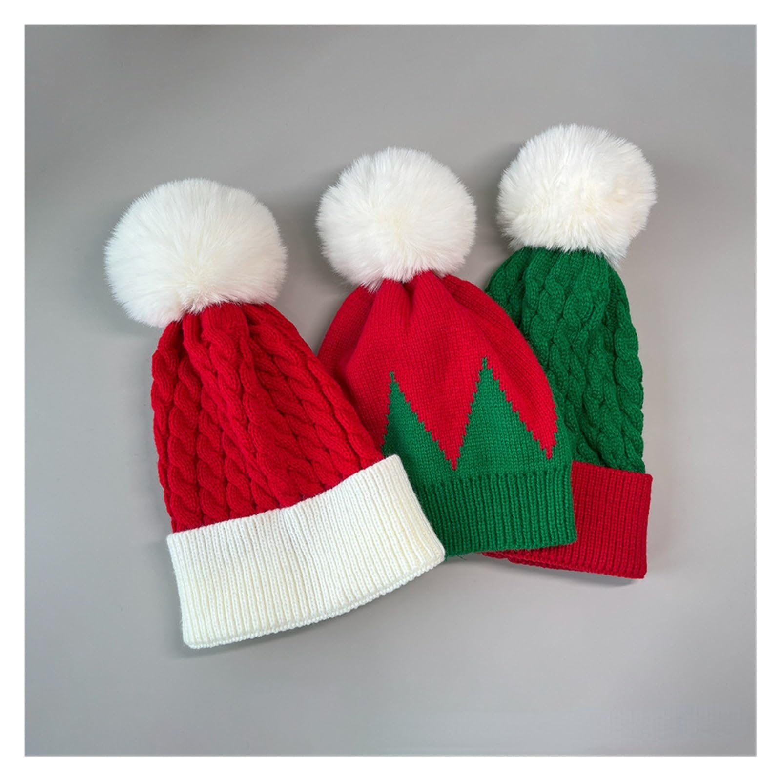 Genérico Gorro Tejido Navideño con Bolas Esponjosas para Niños Y Adultos | Gorro rojo de acrílico con pompón blanco y vuelta, tejido elástico, 1PC/2PCS, accesorio de invierno(2PCS-MC)