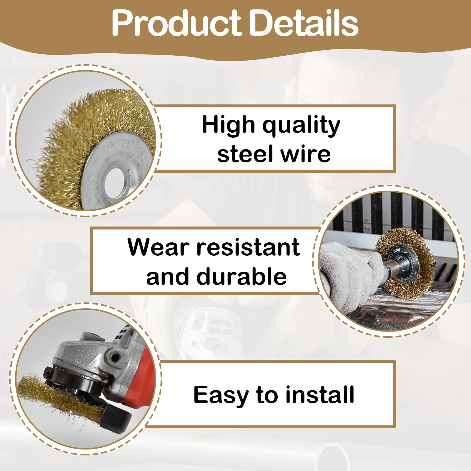 Musiook 3 PCS Brass Coated Angle Grinder Wire Brush, 100mm Brass Plated Crimped Steel Brushes for Rust Removal Cleaning - Image 3