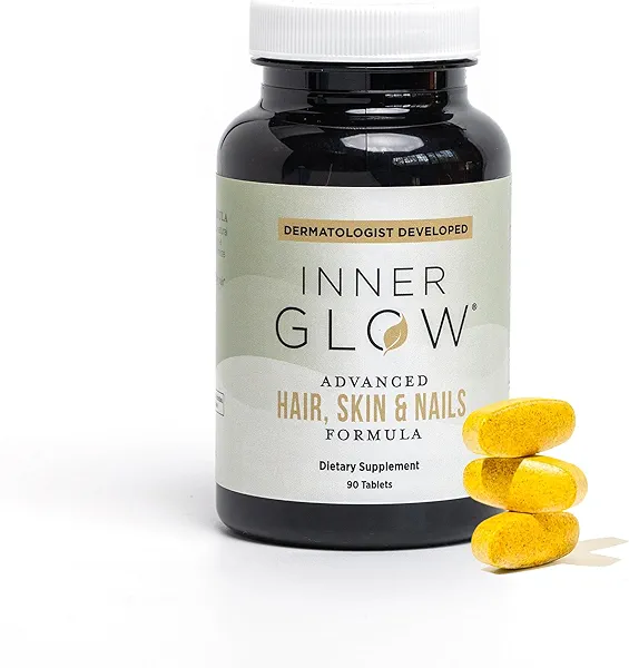 Inner Glow Advanced Hair, Skin & Nails Vitamins – Doctor-Developed Hair Supplement with Biotin, Collagen Peptides, Vitamin E & B12 – Clinically Tested 12-Week Results, Made in USA, Non-GMO