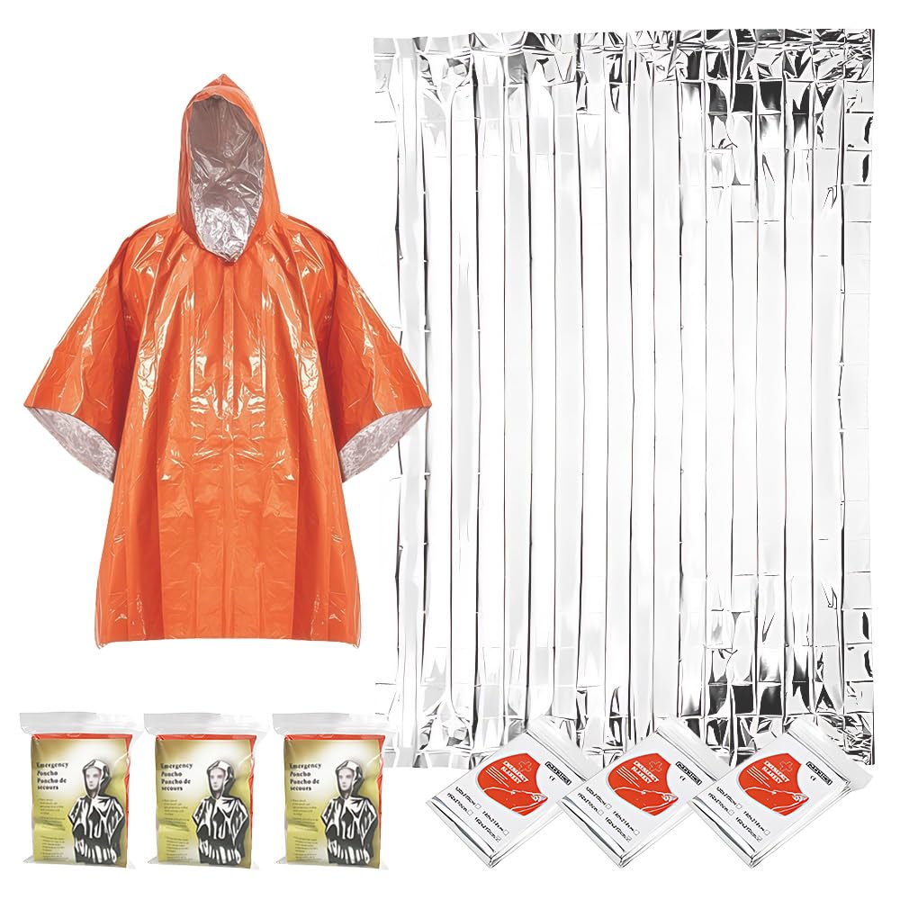WYAN 4PCS Poncho de Survie d'urgence avec Capuche + 4PCS Couverture Thermique Couverture de Survie Reutilisable - Thermique, Imperméable, Coupe-Vent pour l'extérieur, Randonnée, Premiers Secours