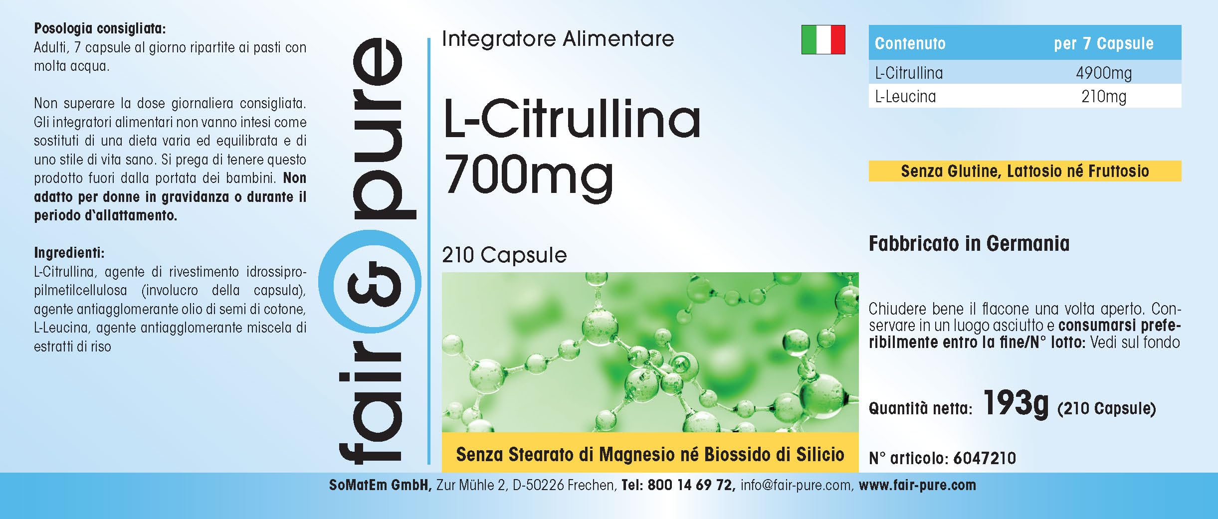 Fair & Pure® - L-Citrullina 700mg - Polvere in capsule - Vegan - 210 Capsule