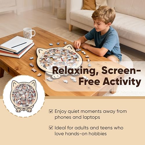 Miniatura 6 de Rompecabezas de madera con forma de gato de 135 piezas, enmarcado por adorables contornos de gatos, piezas irregulares únicas, regalos creativos