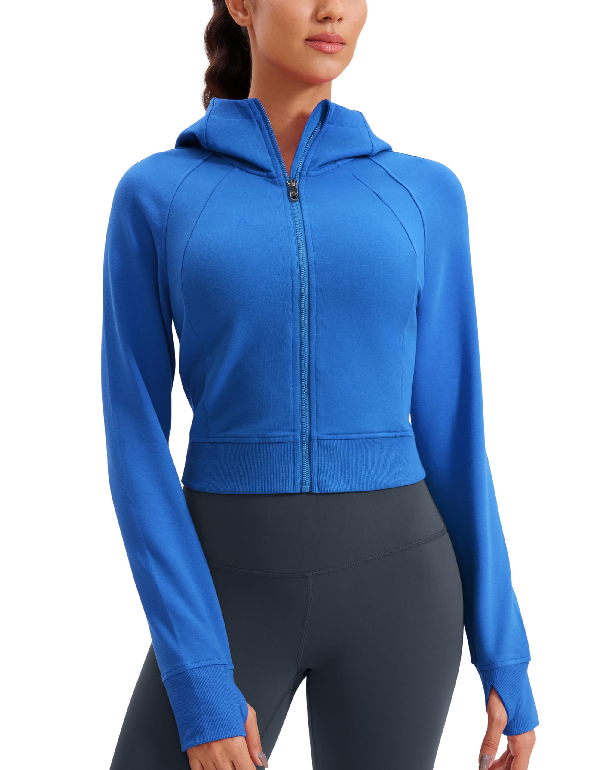 CRZ YOGA Sweat à Capuche Court Zippé Femme - Hoodie Athlétique Manches Longues Avec Trous Pouces, Confort Et Style