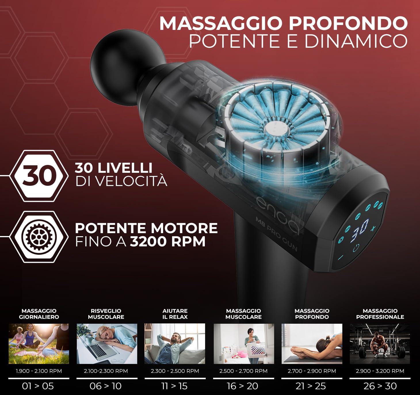 ENOA Pistola Massaggiante M8 PRO – Massaggiatore a Percussione con 30 Velocità, 6 Testine, Display LCD, Silenzioso & USB-C – Borsa Inclusa