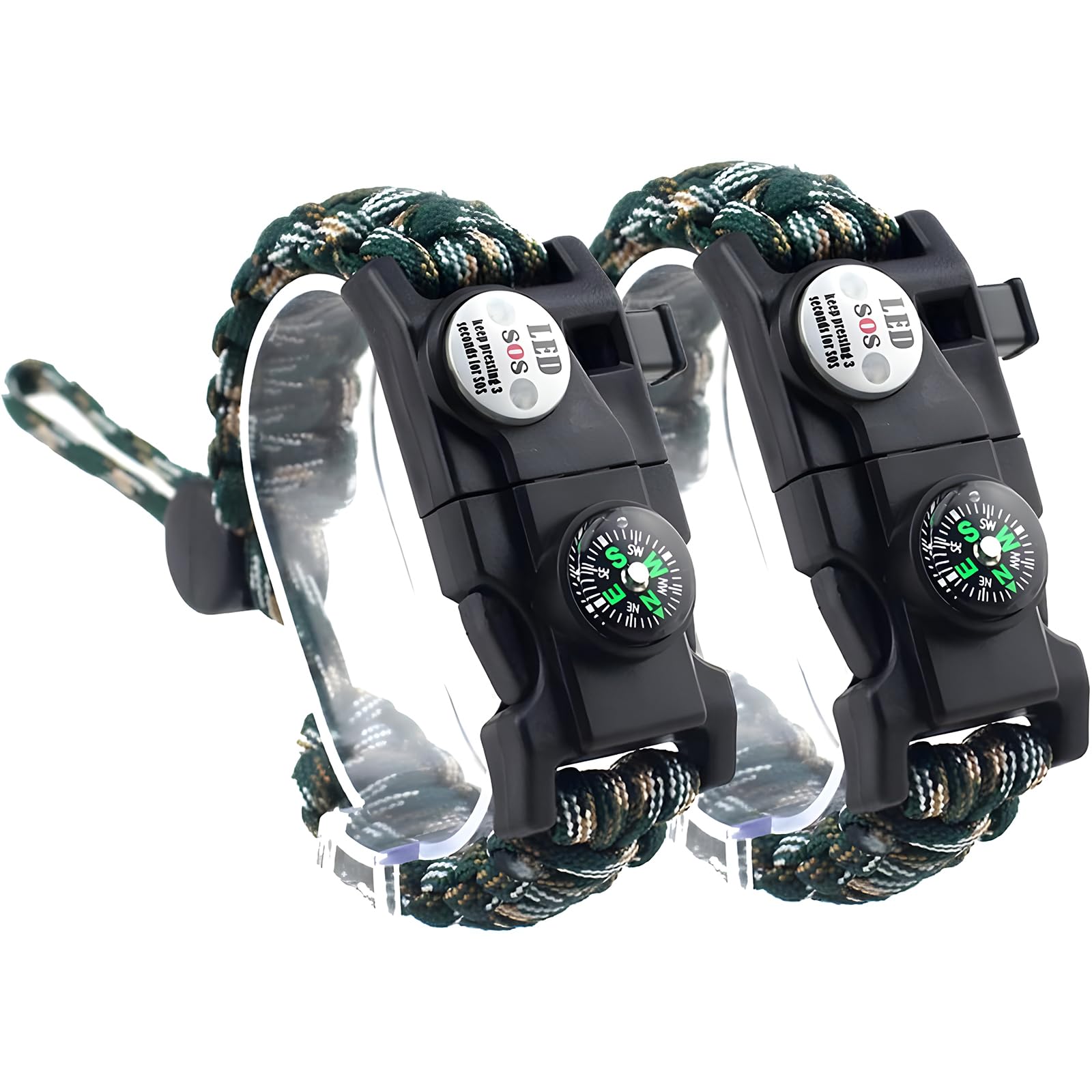 JoyzzzSurvival Bracelet, 2Pack Paracord Bracelets Kit with SOS LED Light, Bigger Compass, Fire Starter, Survival Whistle, Waterproof Survival Bracelet for Men Kids Gift Camping, Hiking, Fishing