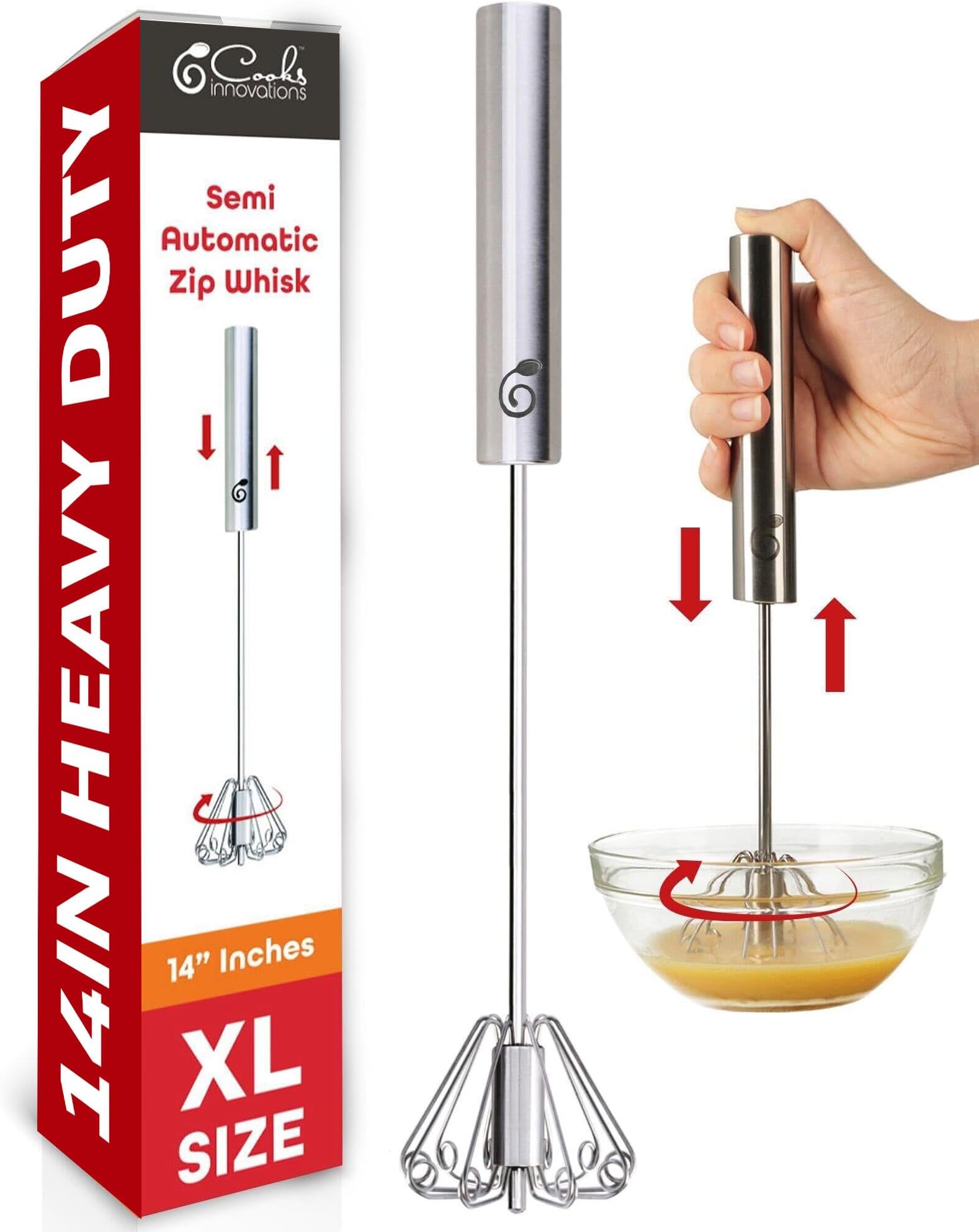 - 14 Inch Stainless Steel Egg Beater - Durable & Easy to Use Push-Down Zip Whisker - Rotary Hand Mixer for Beating Eggs, Frothing Milk, Blending, Mixing, Whipping Smoothies & Shakes - Hand Whisk