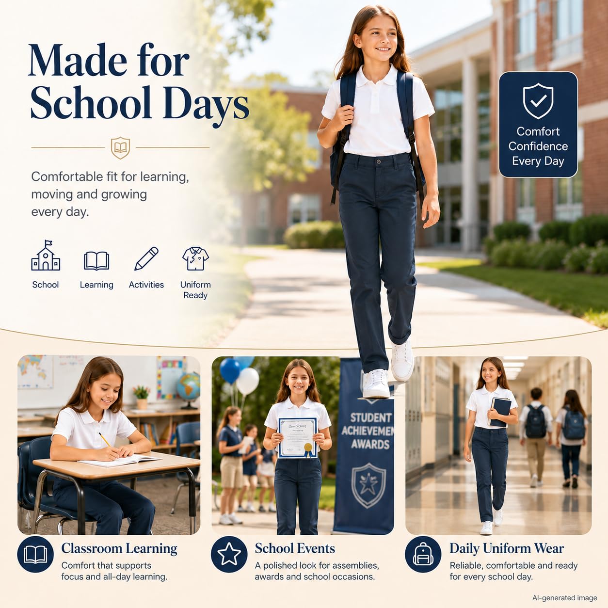 Bienzoe Pantalones de uniforme escolar de algodón elástico con cintura ajustable para niña - azul - 6X