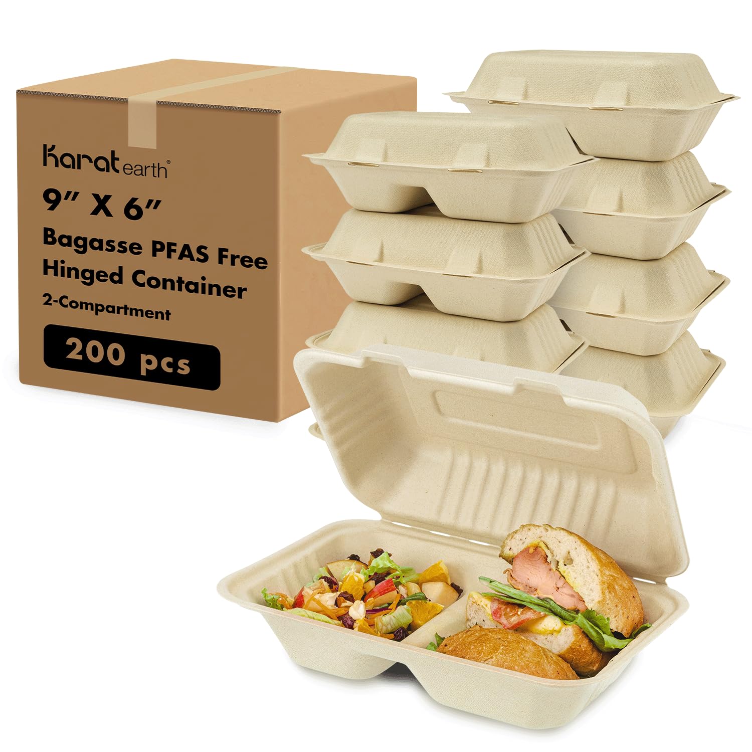 KARAT EARTH9''x6'' PFAS Free Bagasse Hinged Containers, 2-Compartment, Compostable To Go Boxes for Food, 200 Pack - Color Natural, Hot/Cold Foods, Disposable Togo Food Containers - KE-BHC96N-2CFF