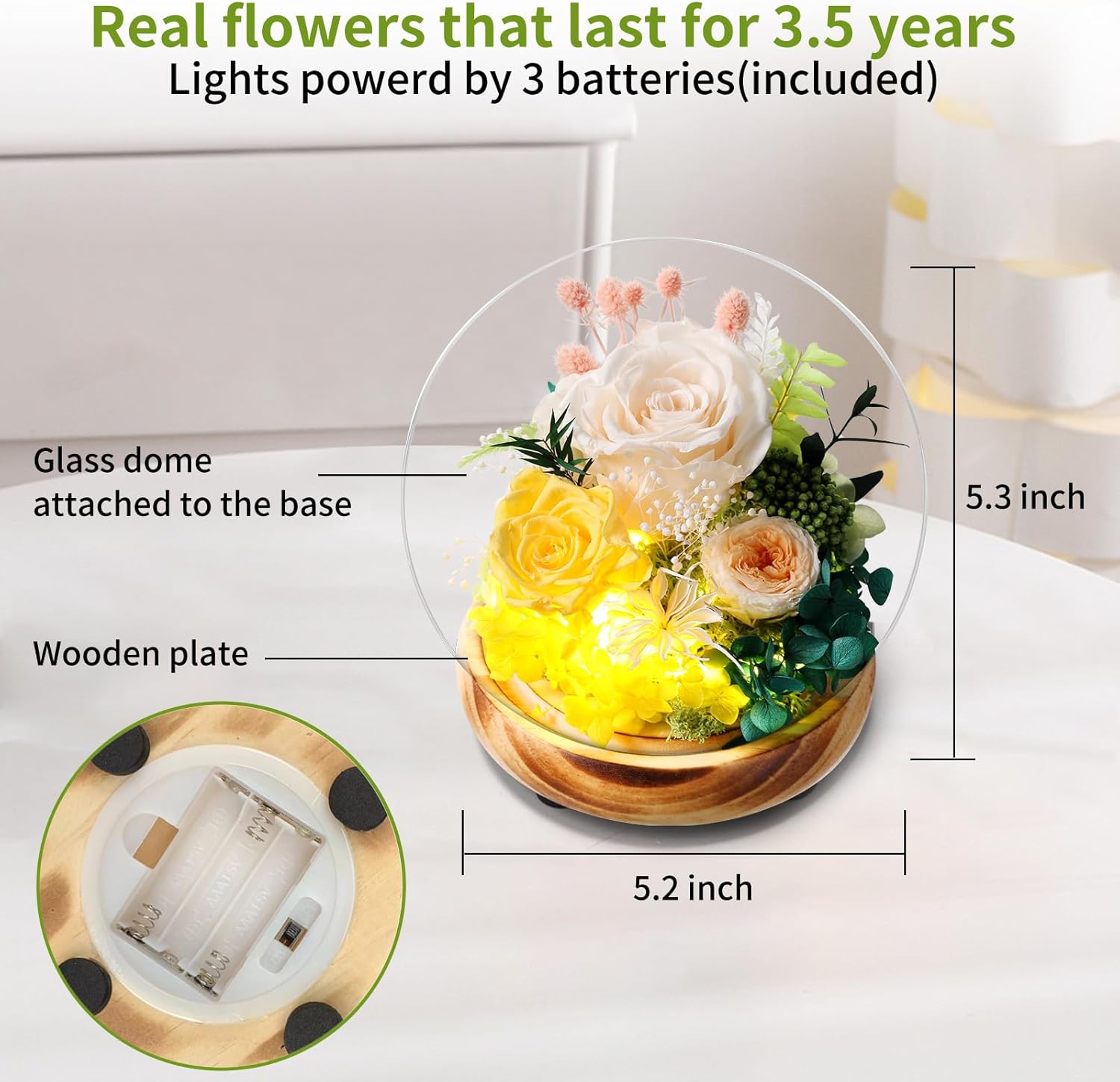 Long-Lasting Real Flowers,Preserved Rose Glass Dome with LED Light, Mixed Champagne and White Roses, Wooden Base, Unique Floral Gift for You to Send Love for All Occasions, for Indoor Decoration - Image 2