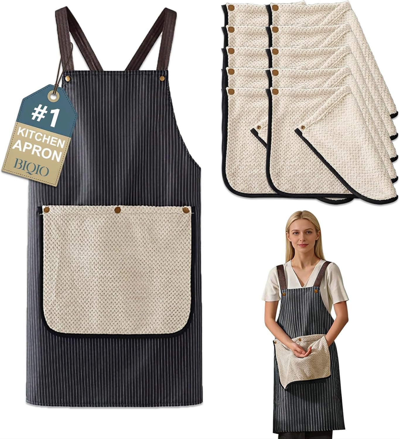 Apron with Towel Attached for Women Pocket Waterproof Chef Smock Men Cross Back Kitchen Pinafore 10 Detachable Towels