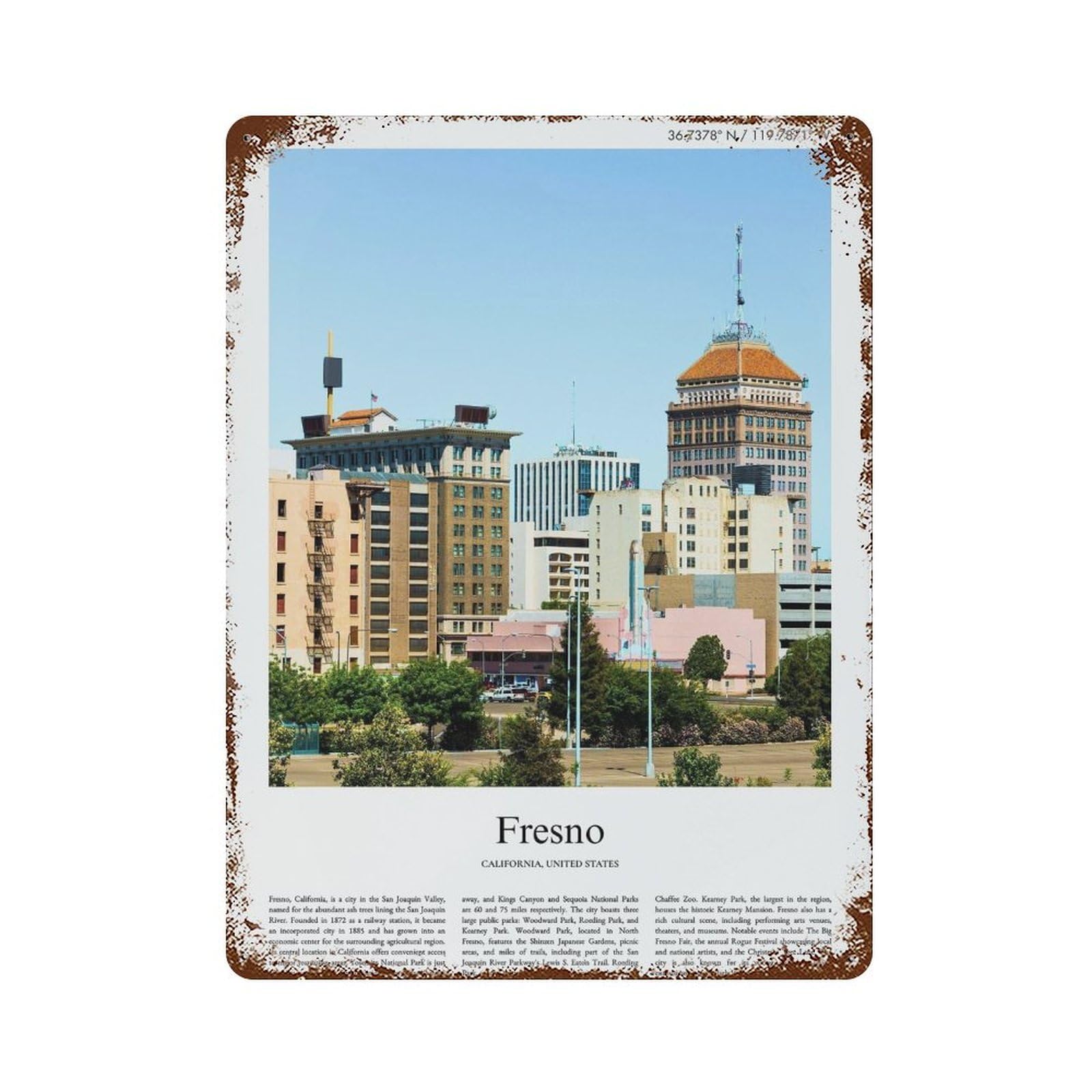 xiaoxiaoshen Fresno California, United States, USA City Scenery Wall Decor Art Metal Tin Poster Modern Home Decor Art Home Bar Shop Decorations Vintage Sign 40x30cm