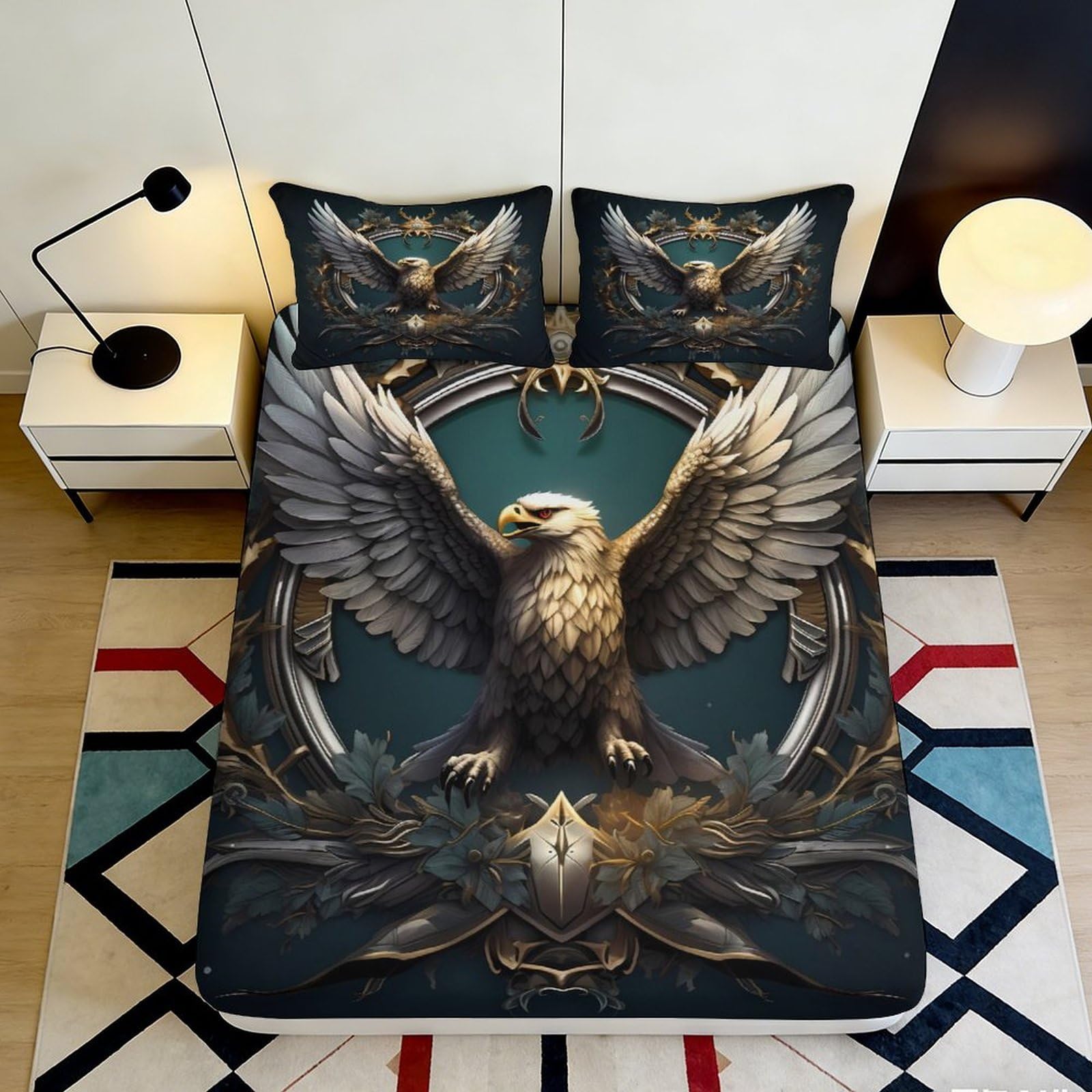 3D Printed eagle Fitted Sheet, soft touch Microfiber, wrinkle resistant, dark blue Bed Cover for bedroom, apartment bedding, easy care, anti slip, home decor, 120x200x25cm