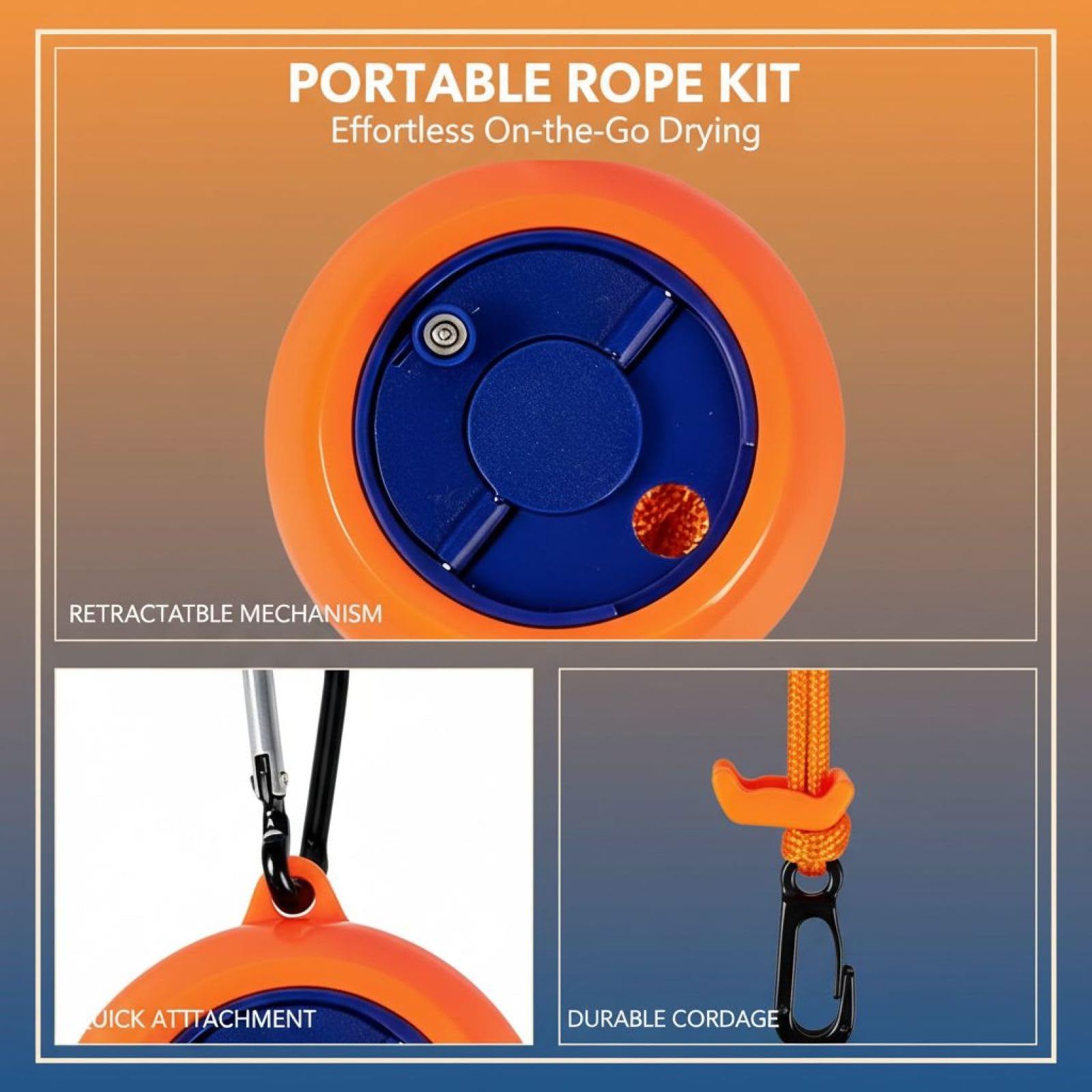 Lot de 3 Cordes à Linge de Voyage Portables, Corde de séchage rétractable avec manivelle, Orange, 10 Boucles, 20 Pinces, Sac de Rangement, 32,8 Pieds / 10 m