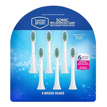 Berkley Jensen Sonic Pro Advanced Clean Replacement Brush Head, 6 Heads Pack of 1 - Removes 7X Plaque with Blue Replacement Indicator Blisters - Fits Philips Sonicare Click-On Electric Toothbrushes