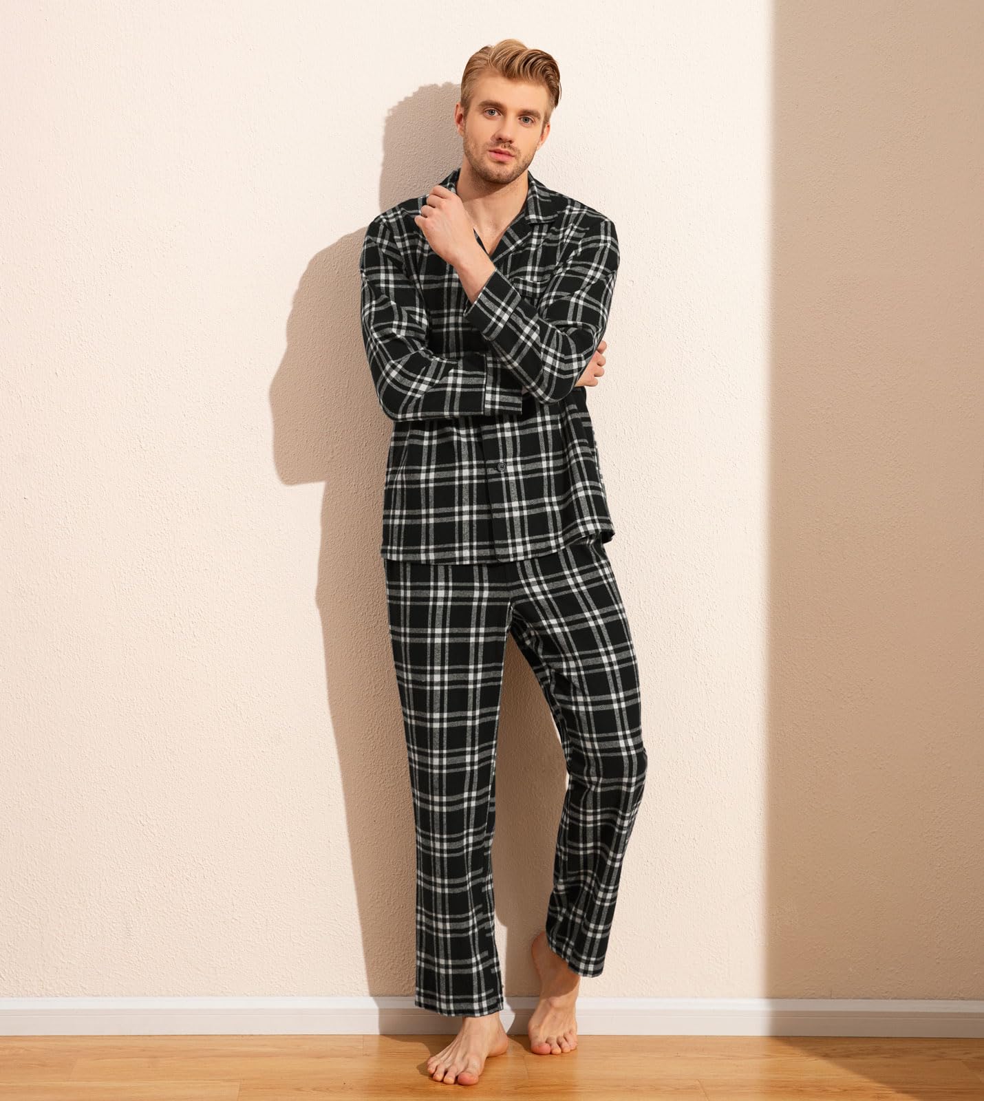 LAPASA Pijama Hombre Invierno 100% Algodón Franela Ropa Dormir a Cuadros Camiseta Manga Larga y Pantalón Largo Calido Estar en Casa Comodo M79/M95