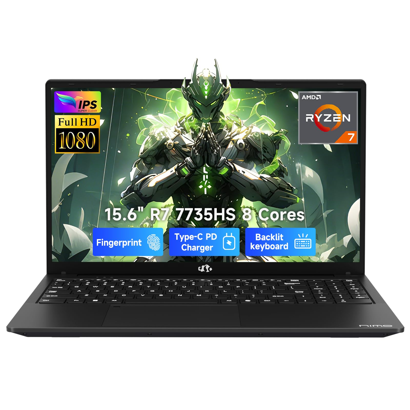 NIMO 2026 Laptop, 8 Cores AMD R7 7735HS 16GB DDR5 RAM 1TB SSD (Up to 4.75GHz, Beat i7-12650H) Gaming Laptop with Radeon 680M GPU, 15.6" IPS FHD, 180° Open Angle, Webcam, Type-C, Portable for Business